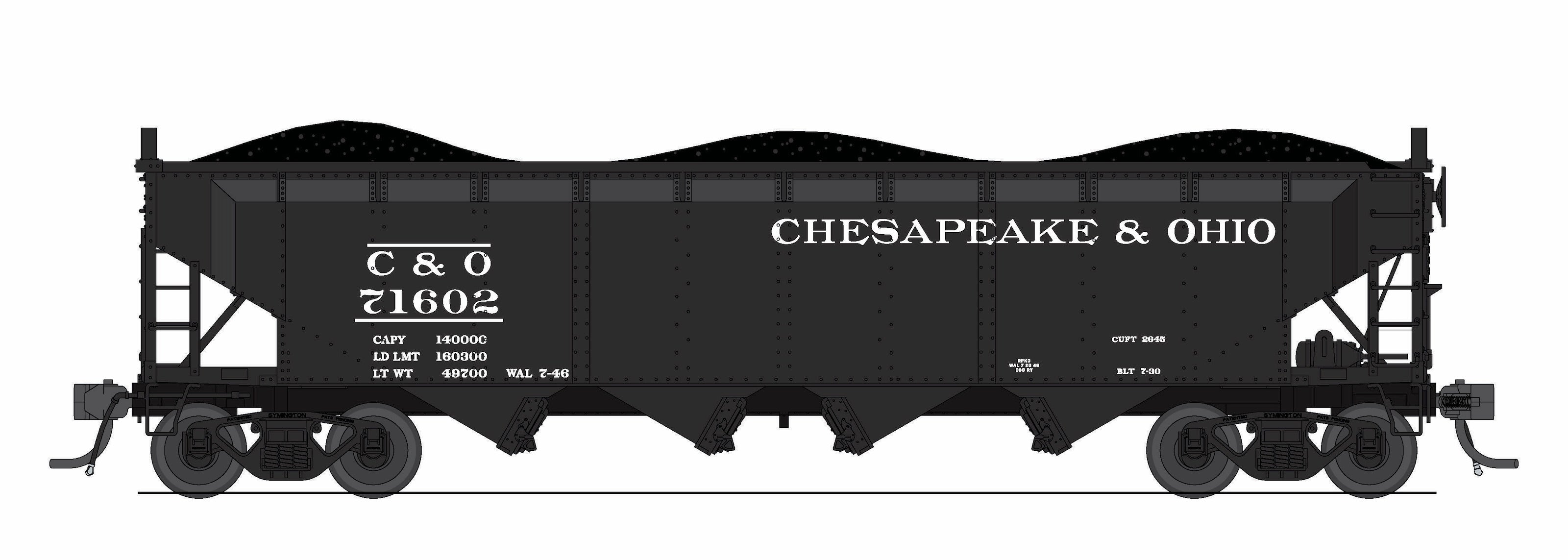 10134 ARA 70-ton 4-Bay Hopper, C&O H7-13, Black & White, 6-pack A, HO