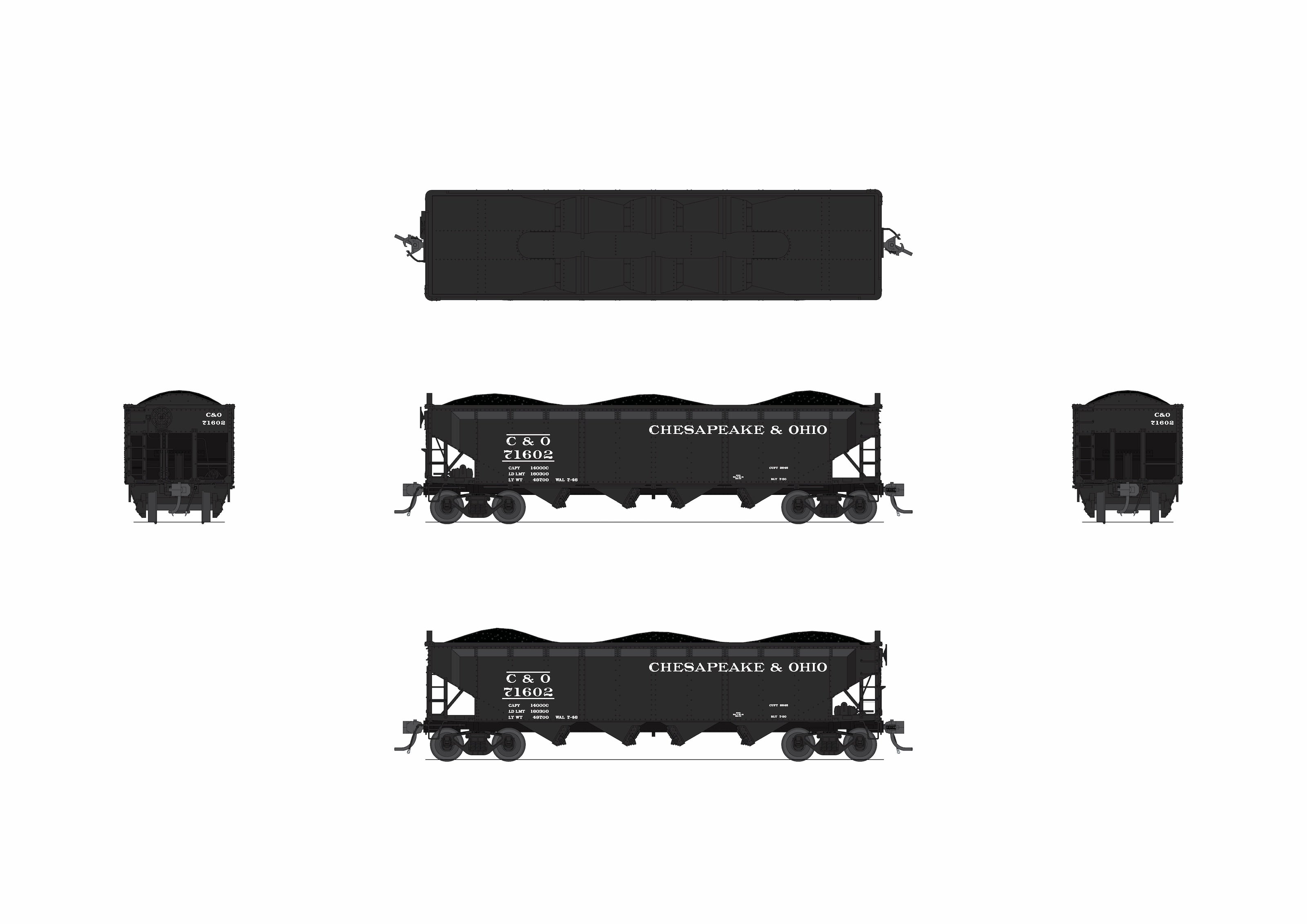 10134 ARA 70-ton 4-Bay Hopper, C&O H7-13, Black & White, 6-pack A, HO