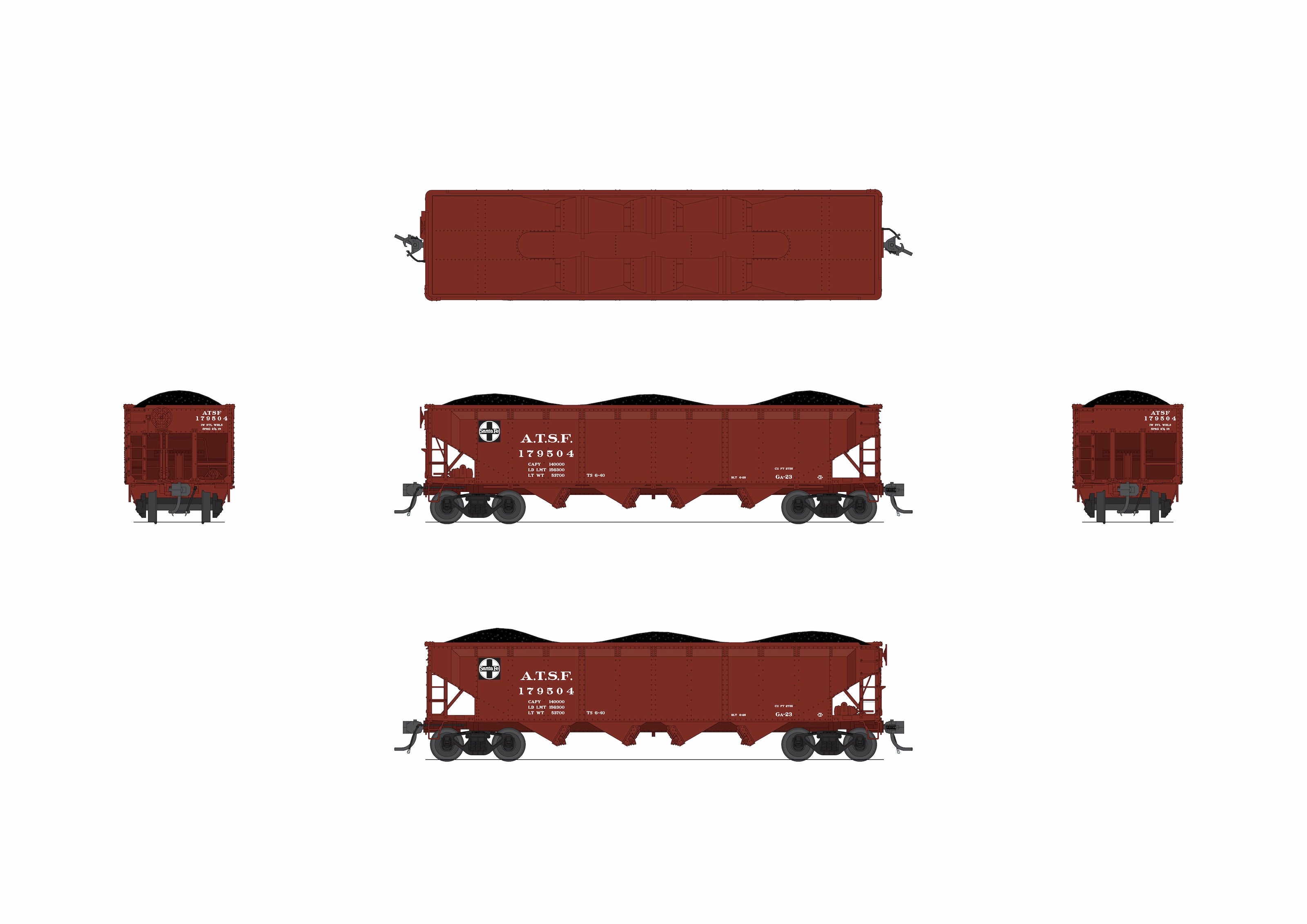 10138 ARA 70-ton 4-Bay Hopper, ATSF, Oxide Red w/ White, 6-pack A, HO