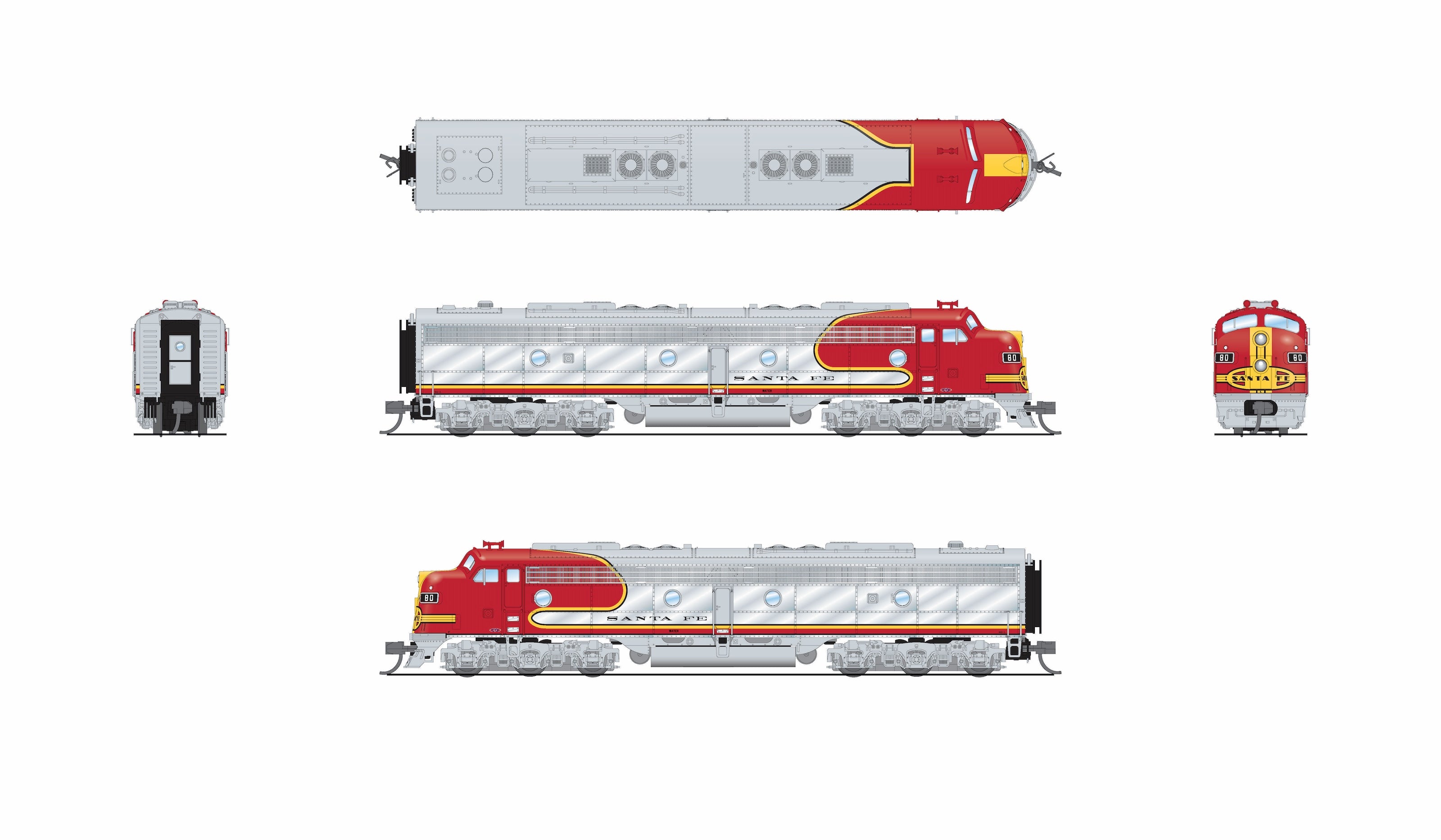 10283 EMD E8 A/B Set, ATSF 80L / 80A, 1950's Appearance, A-unit No-Sound / DCC-Ready, Unpowered B, N