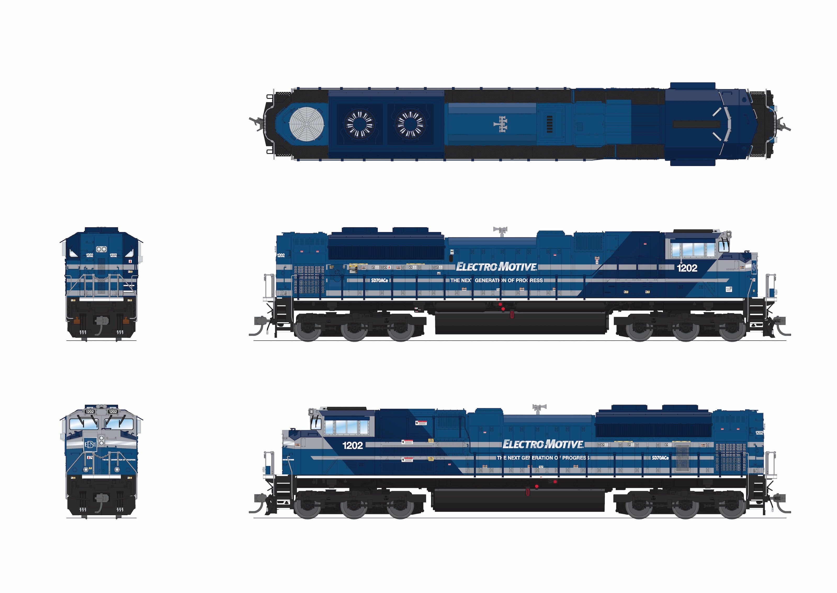10432 EMD SD70ACe, EMD Demo 1202, Blue/Gray/White paint scheme, No-Sound / DCC-Ready, HO