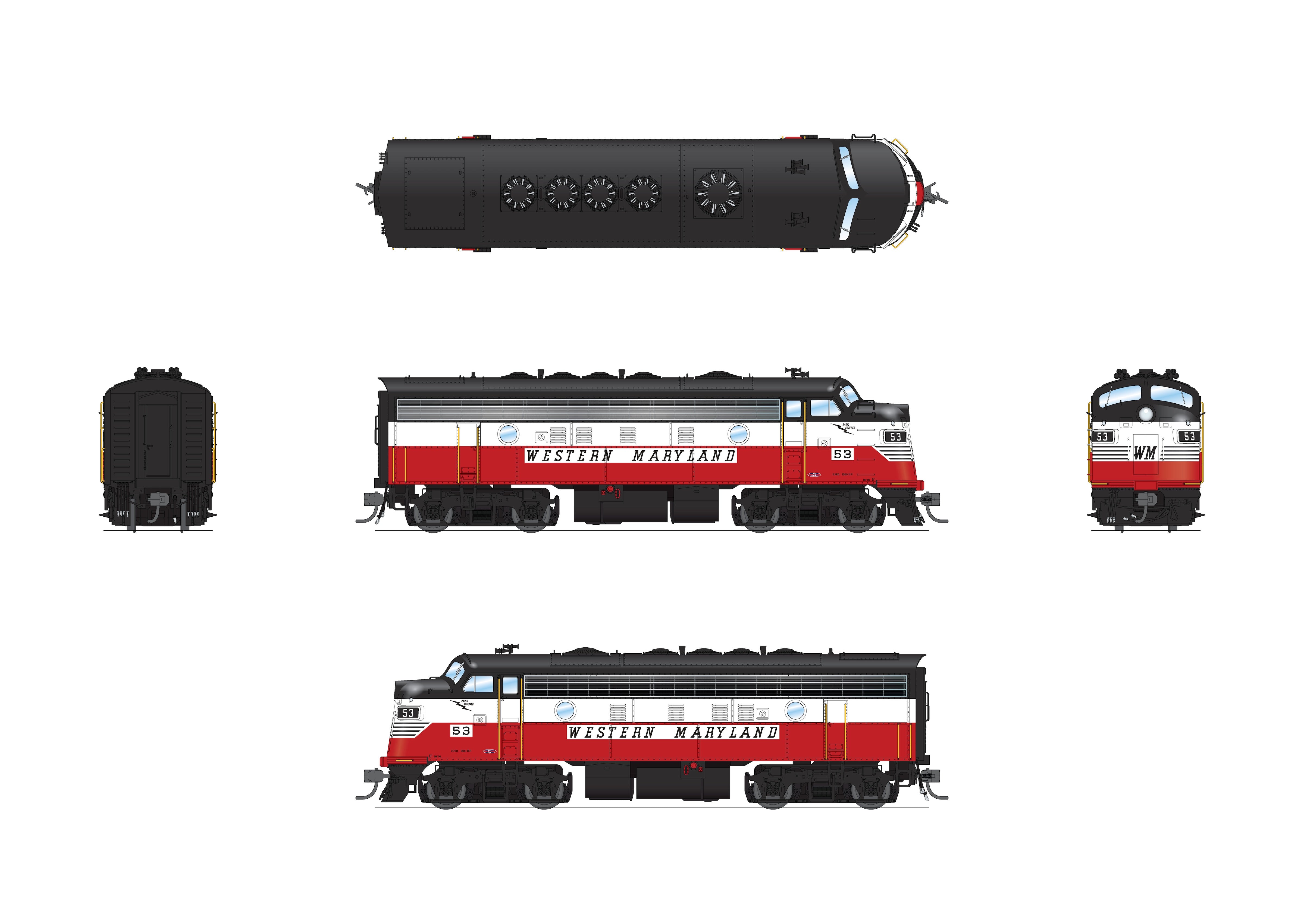 10565 EMD F7A/B, Western Maryland 53/408, Circus Paint Scheme, A-unit No-Sound / DCC-Ready, Unpowered B, HO
