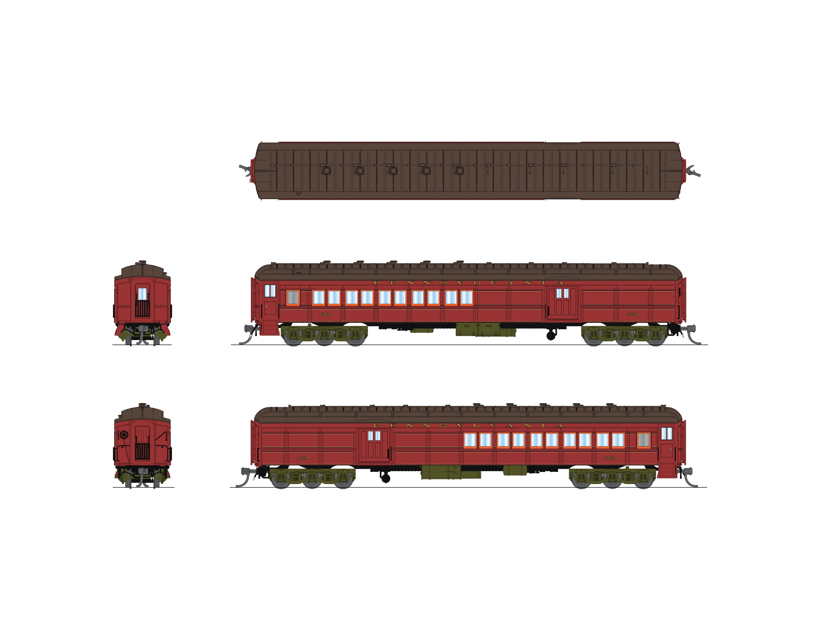 10650 PRR Heavyweight 5-Car Passenger Set, 1930's Era, N (PB70 #5034, P70 #823, P70 #989, P70 #1042, Z74d #120 "Pennsylvania")