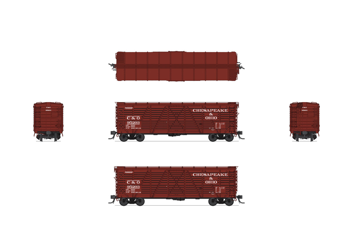 10721 40' Wood Stock Car, C&O 4-Pack, No-Sound, HO Scale (Road Nos. 95227, 95235, 95238, 95241)