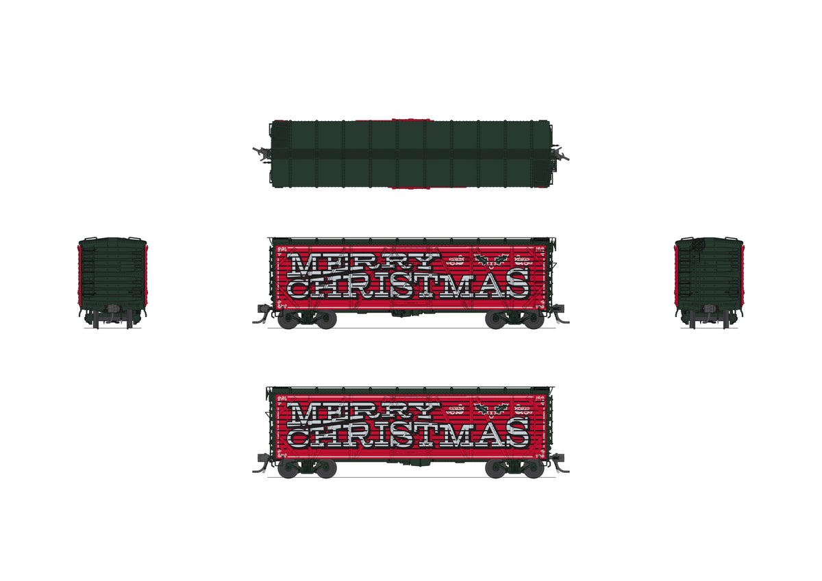 10711 40' Wood Stock Car, Holiday Season Theme, "Merry Christmas", Holiday Sounds, HO Scale