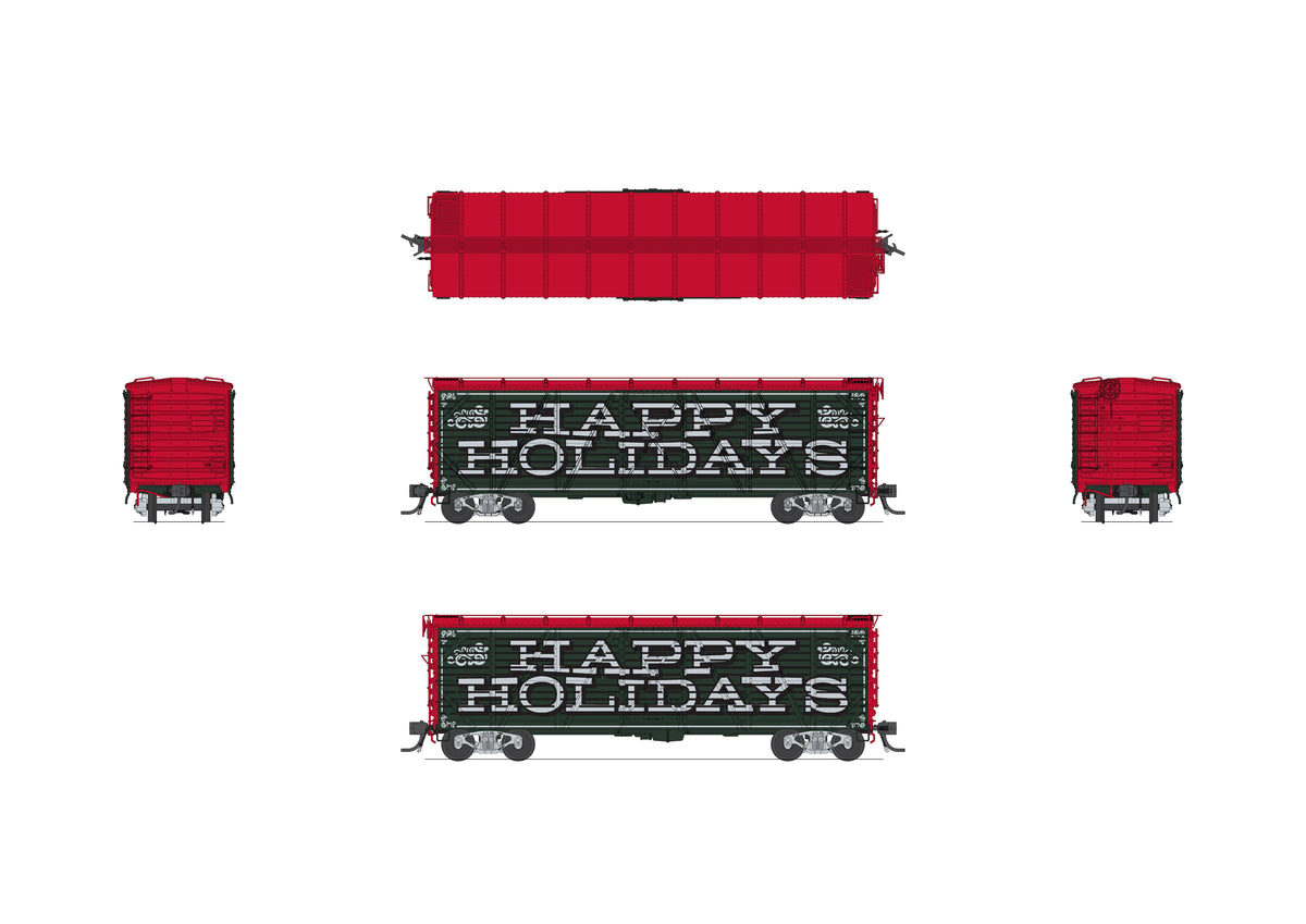 10712 40' Wood Stock Car, Holiday Season Theme, "Happy Holidays", Reindeer Sounds, HO Scale