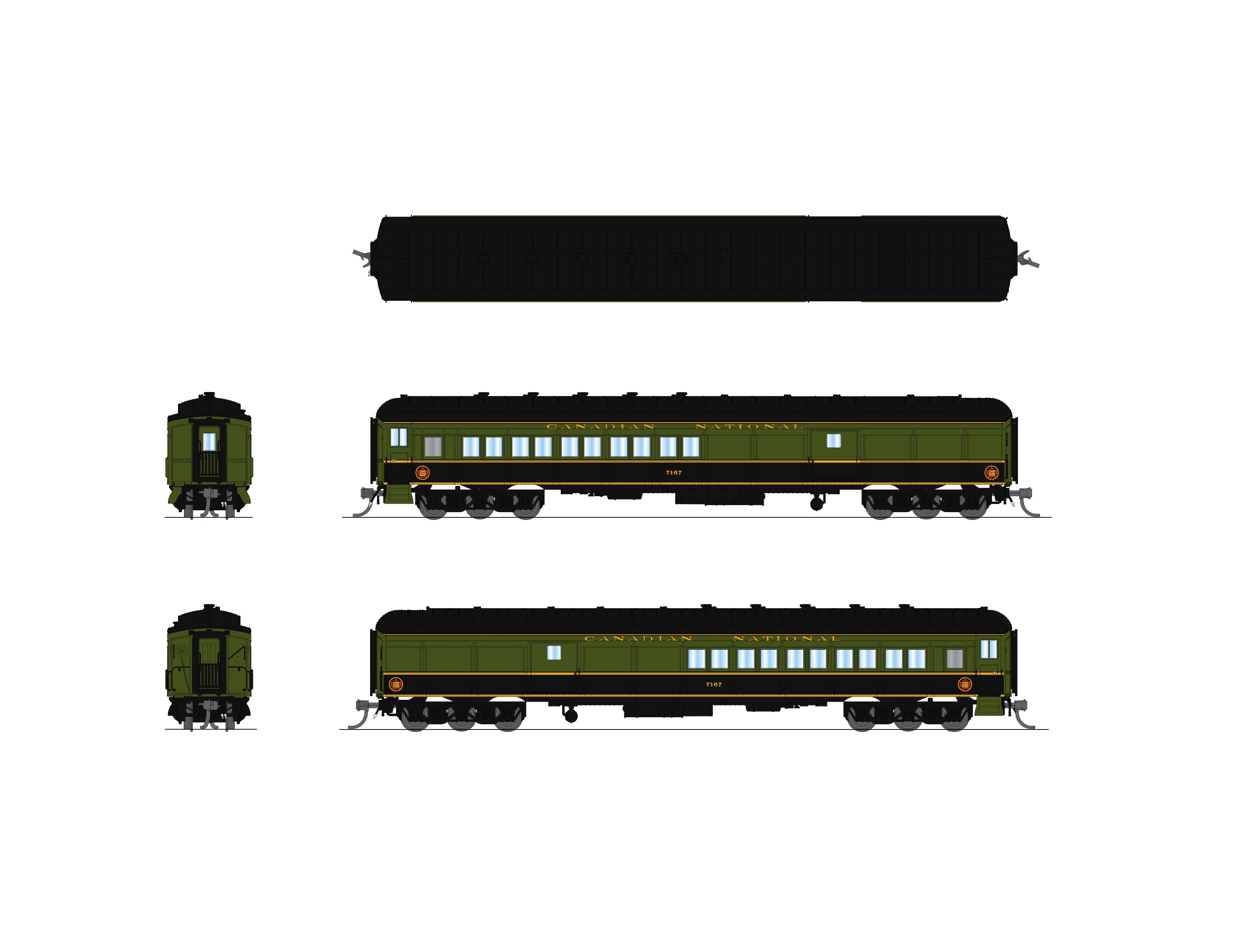 10798 CN Coach-Baggage Combine, #7185, Green/Black/Yellow, N Scale