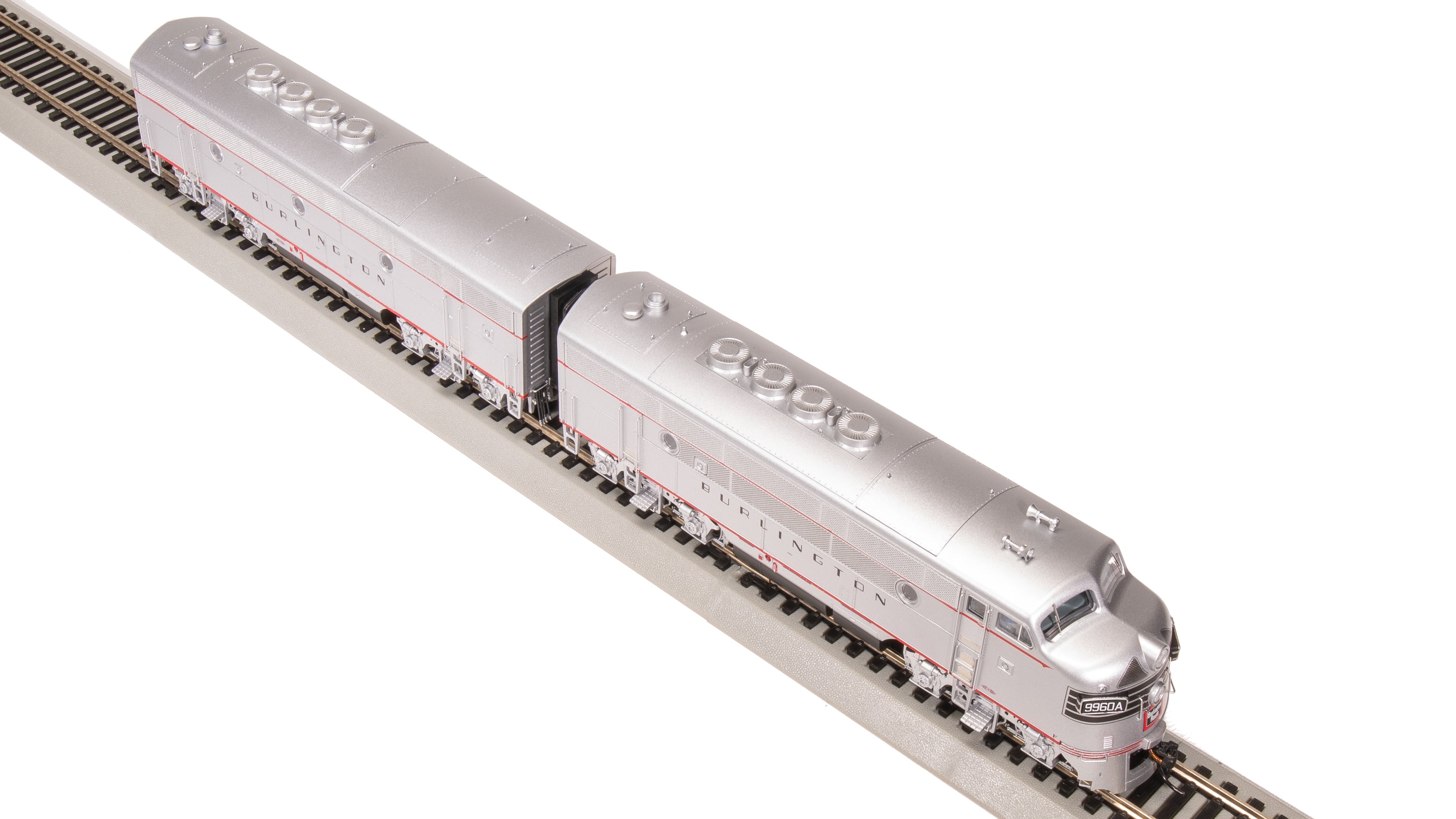 8162 EMD F3 A/B, CBQ 9960A/9960B, Aluminum w/ Black Nose Stripes, A-unit Paragon4 Sound/DC/DCC, Unpowered B-unit, HO