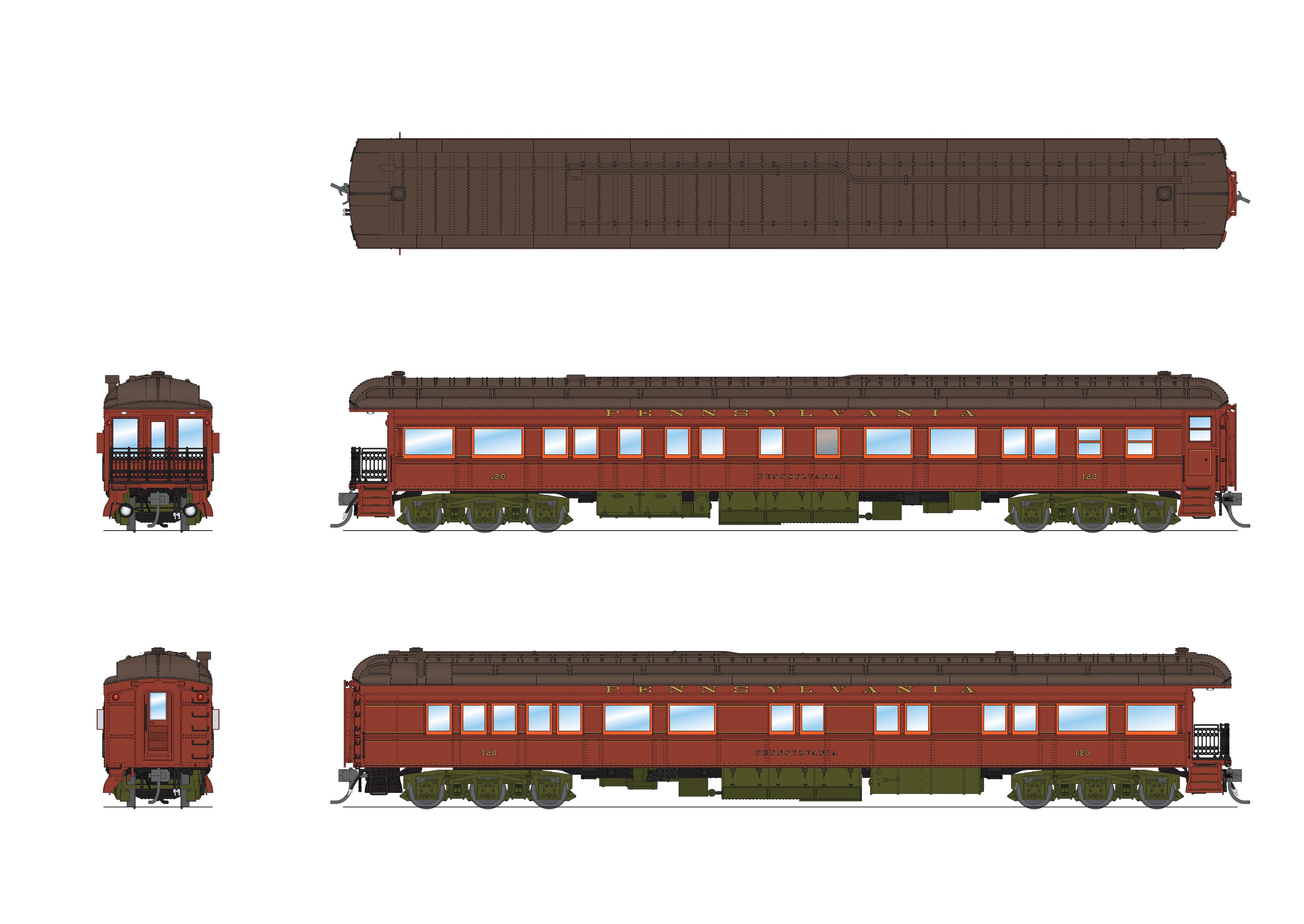 8964 PRR Heavyweight 5-Car Passenger Set, 1930's Era, HO (PB70 #5034, P70 #823, P70 #989, P70 #1042, Z74d #120 "Pennsylvania")