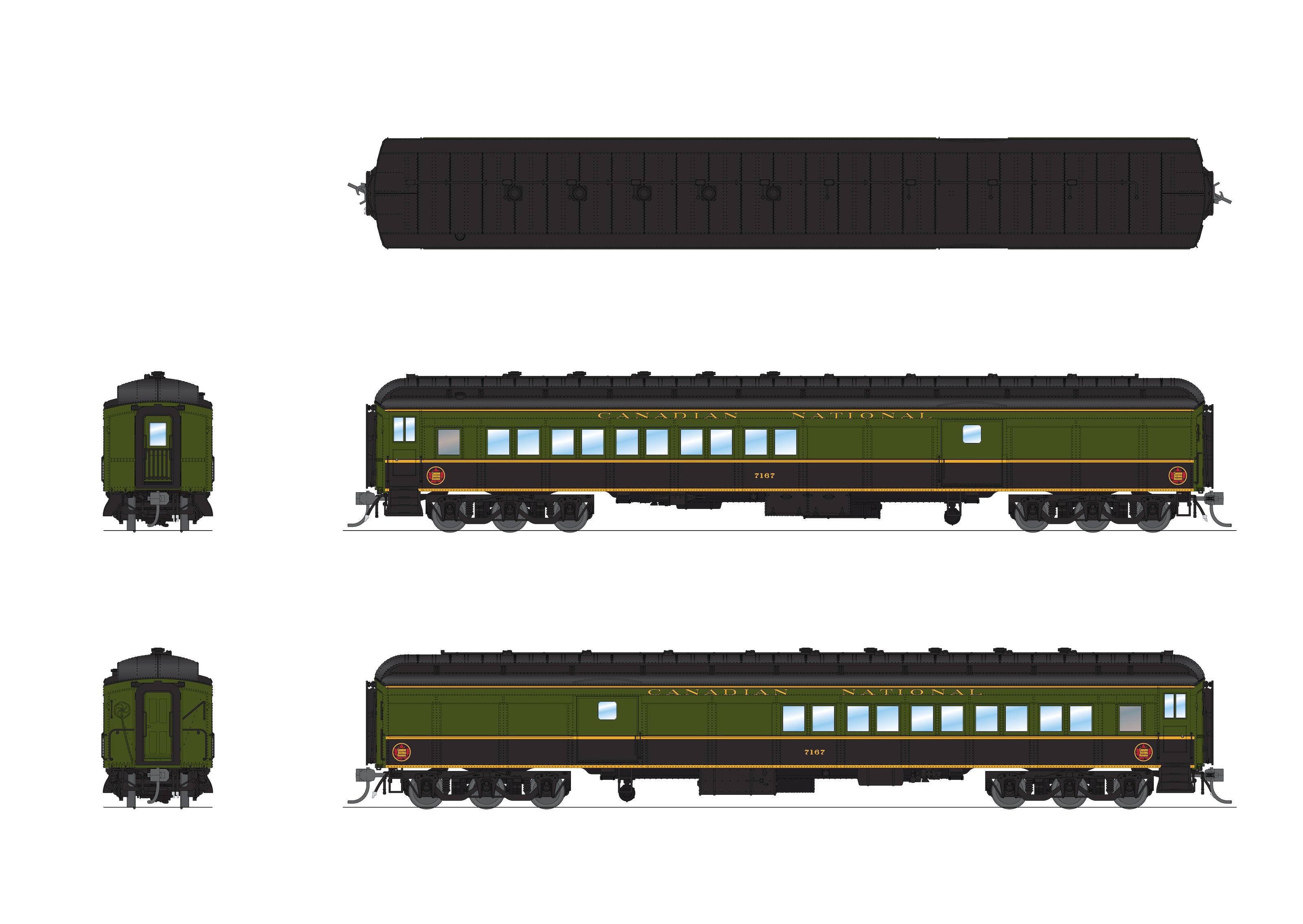 9101 CN Heavyweight 5-Car Passenger Set, Green/Black/Yellow Scheme, (#7167, #5139, #5142, #5166, #85), HO Scale