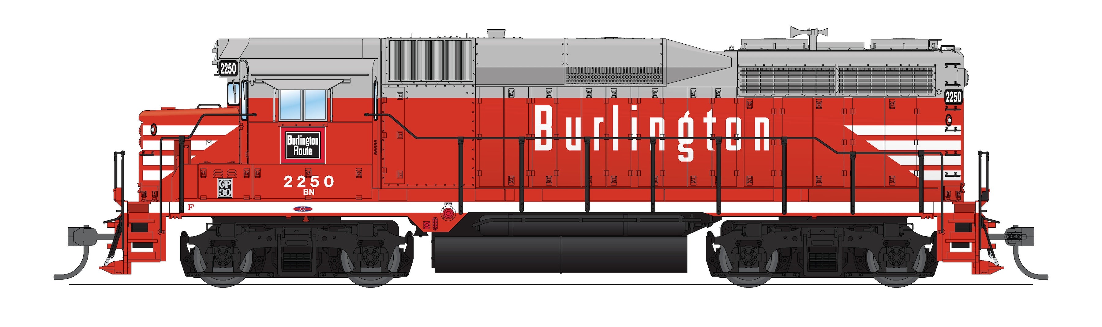 REFURBISHED R9134 EMD GP30, BN 2250, CBQ Chinese Red w/ BN patch, Paragon4 Sound/DC/DCC, HO