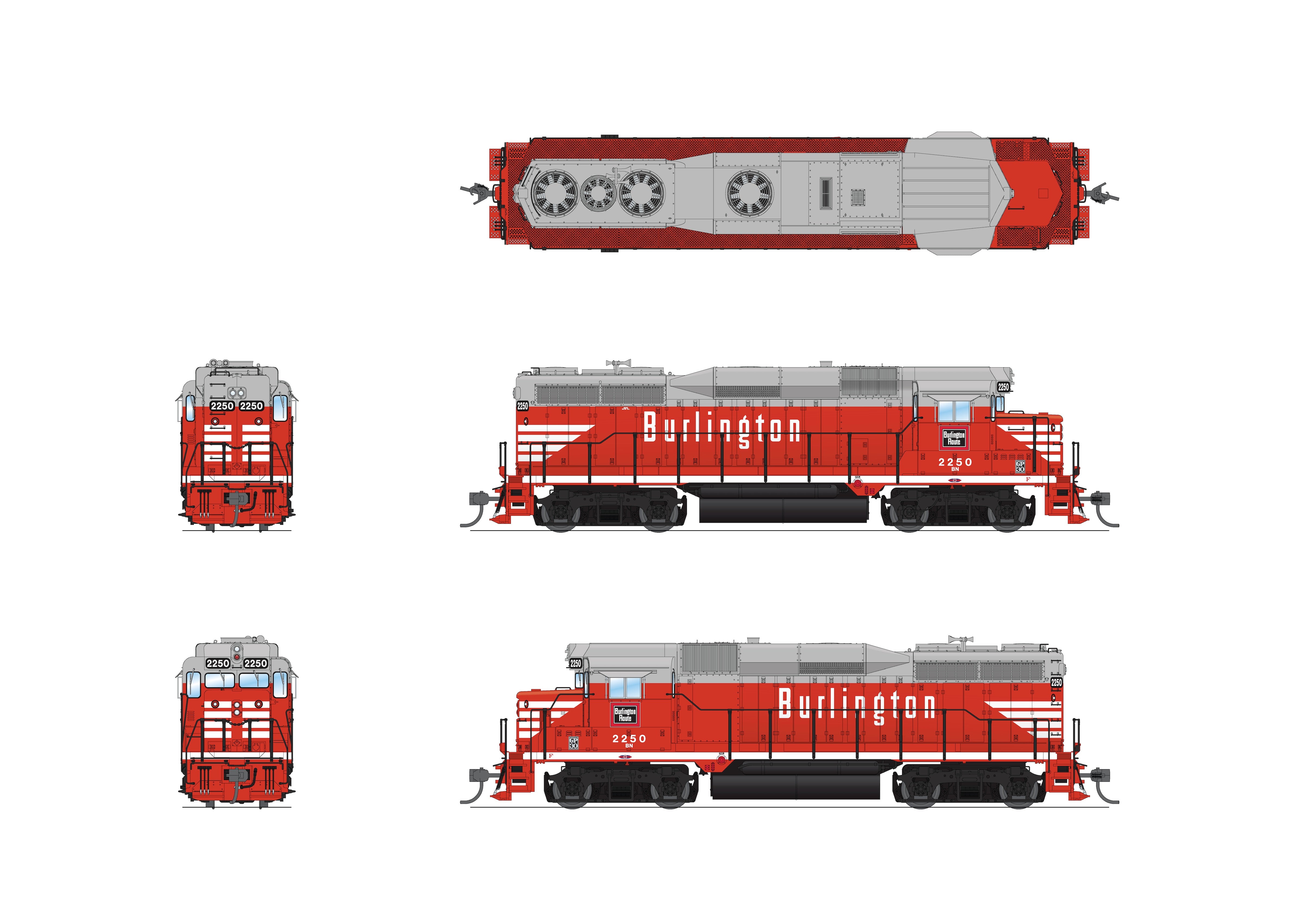 REFURBISHED R9134 EMD GP30, BN 2250, CBQ Chinese Red w/ BN patch, Paragon4 Sound/DC/DCC, HO