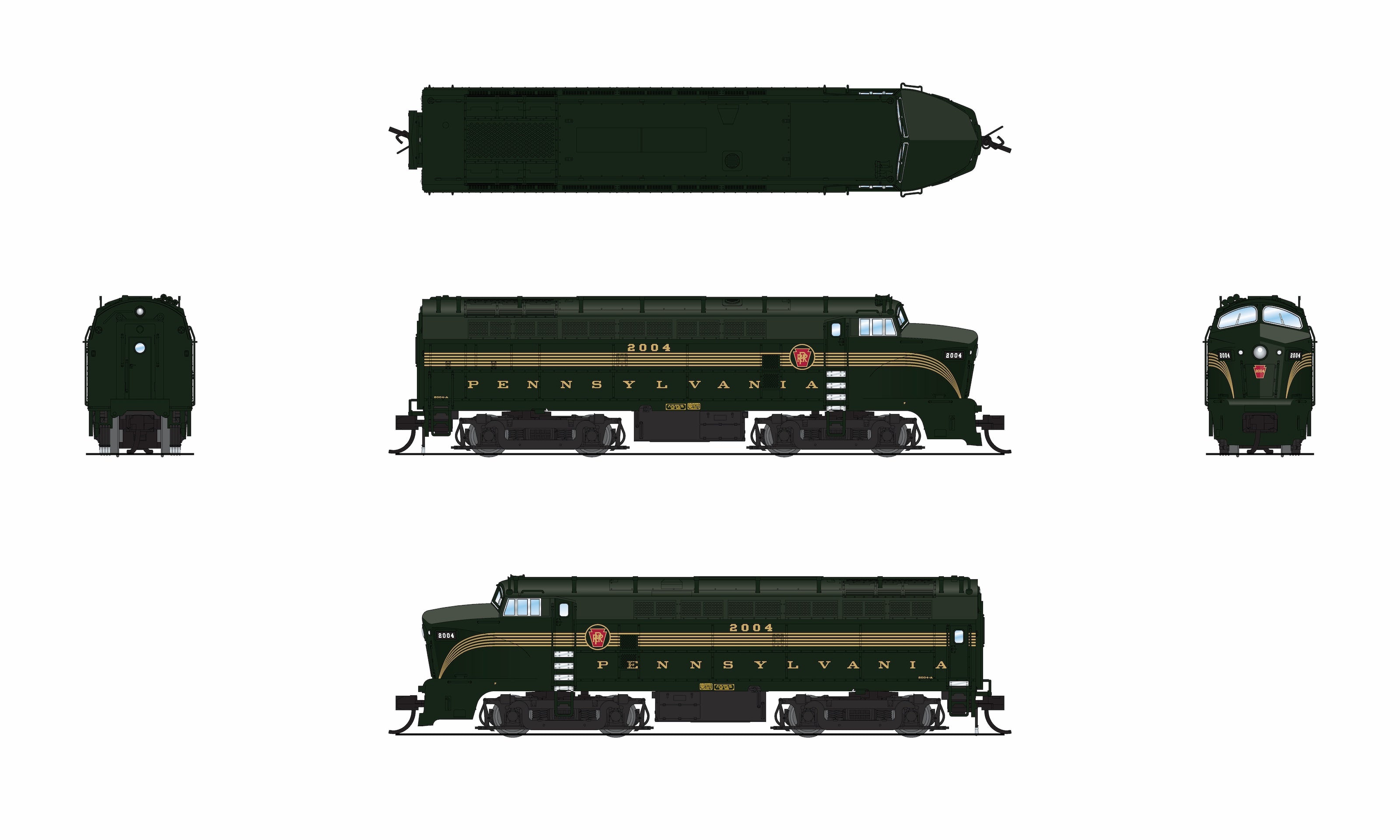9624 PRR Sharknose, BF-16 A/B set, 2004-A/2004-B, DGLE 5-Stripe, A-unit DCC-Ready, Unpowered B, N