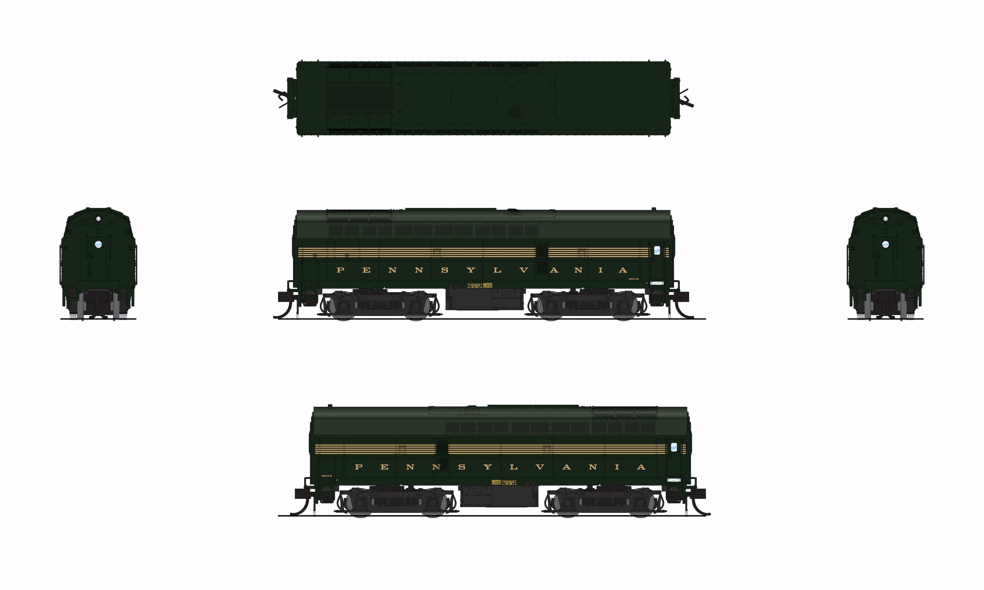 9624 PRR Sharknose, BF-16 A/B set, 2004-A/2004-B, DGLE 5-Stripe, A-unit DCC-Ready, Unpowered B, N