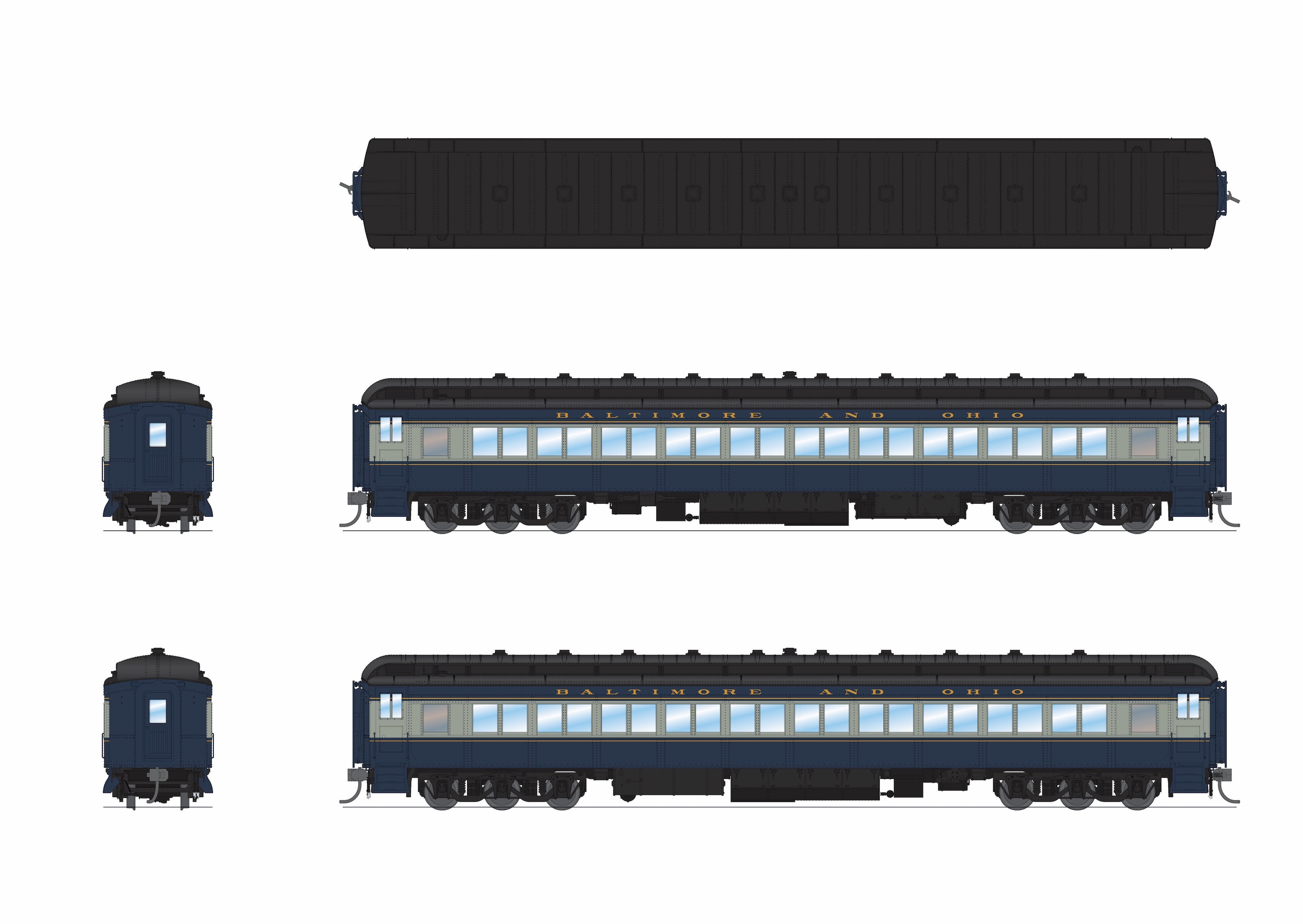 9735 B&O 80' Passenger Coach, Blue & Gray, HO Scale