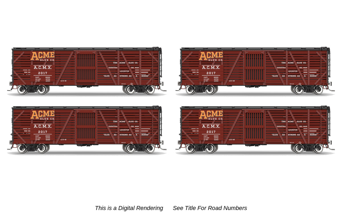 10728 40' Wood Stock Car, Acme Glue Factory 4-Pack, No-Sound, HO Scale (Road Nos. 2032, 2049, 2076, 2093)