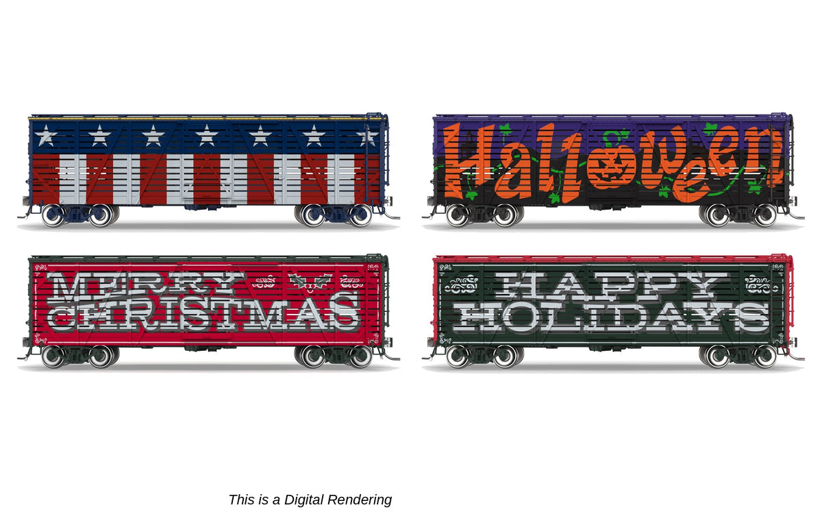 10729 40' Wood Stock Car, Holidays 4-Pack, No-Sound, HO Scale (1 each: Independence Day, Halloween, Merry Christmas, Happy Holidays)