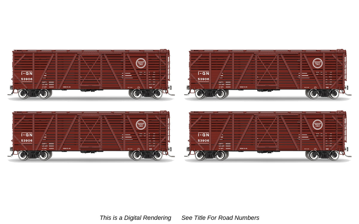 10723 40' Wood Stock Car, Missouri Pacific 4-Pack, No-Sound, HO Scale (Road Nos. 53948, 53957, 53986, 53989)