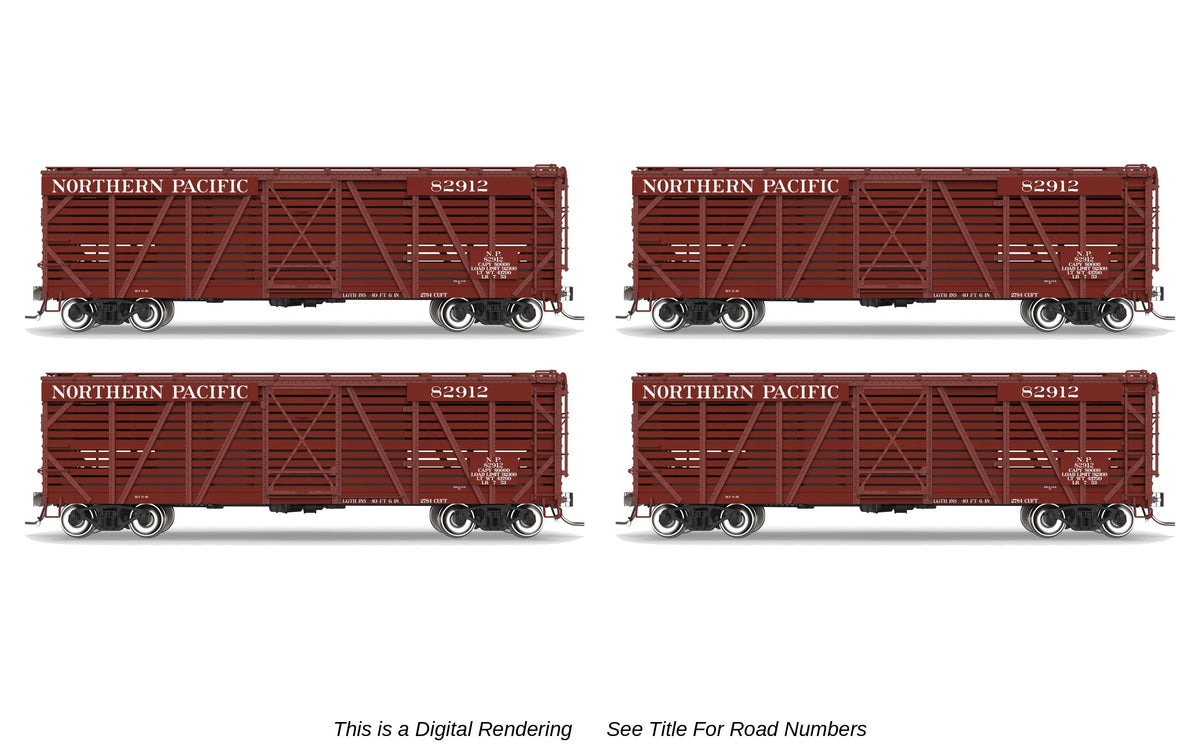 10725 40' Wood Stock Car, Northern Pacific 4-Pack, No-Sound, HO Scale (Road Nos. 83039, 83115, 83143, 83170)