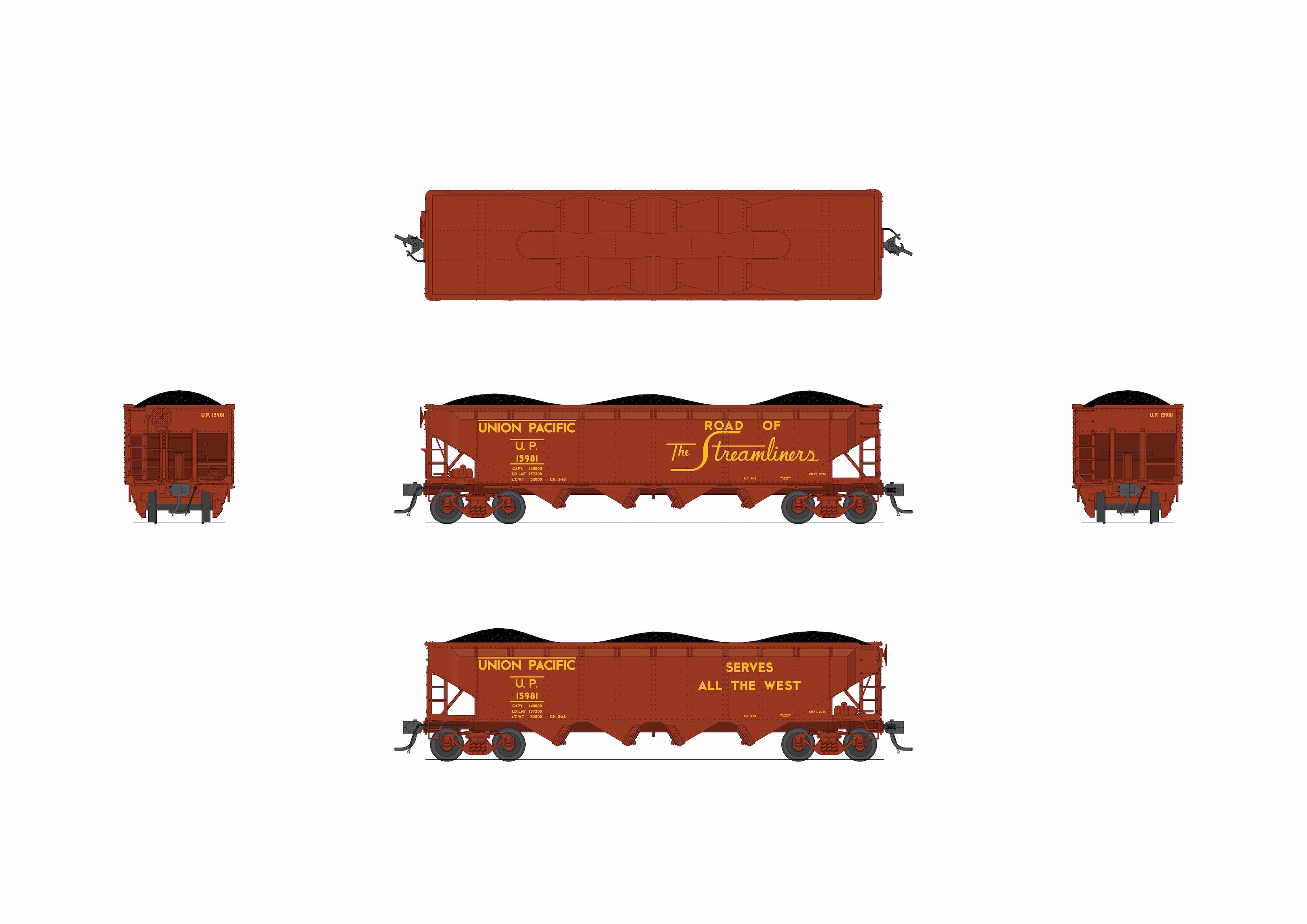 10141 ARA 70-ton 4-Bay Hopper, UP, "Streamliners / Serves All The West", 6-pack B, HO
