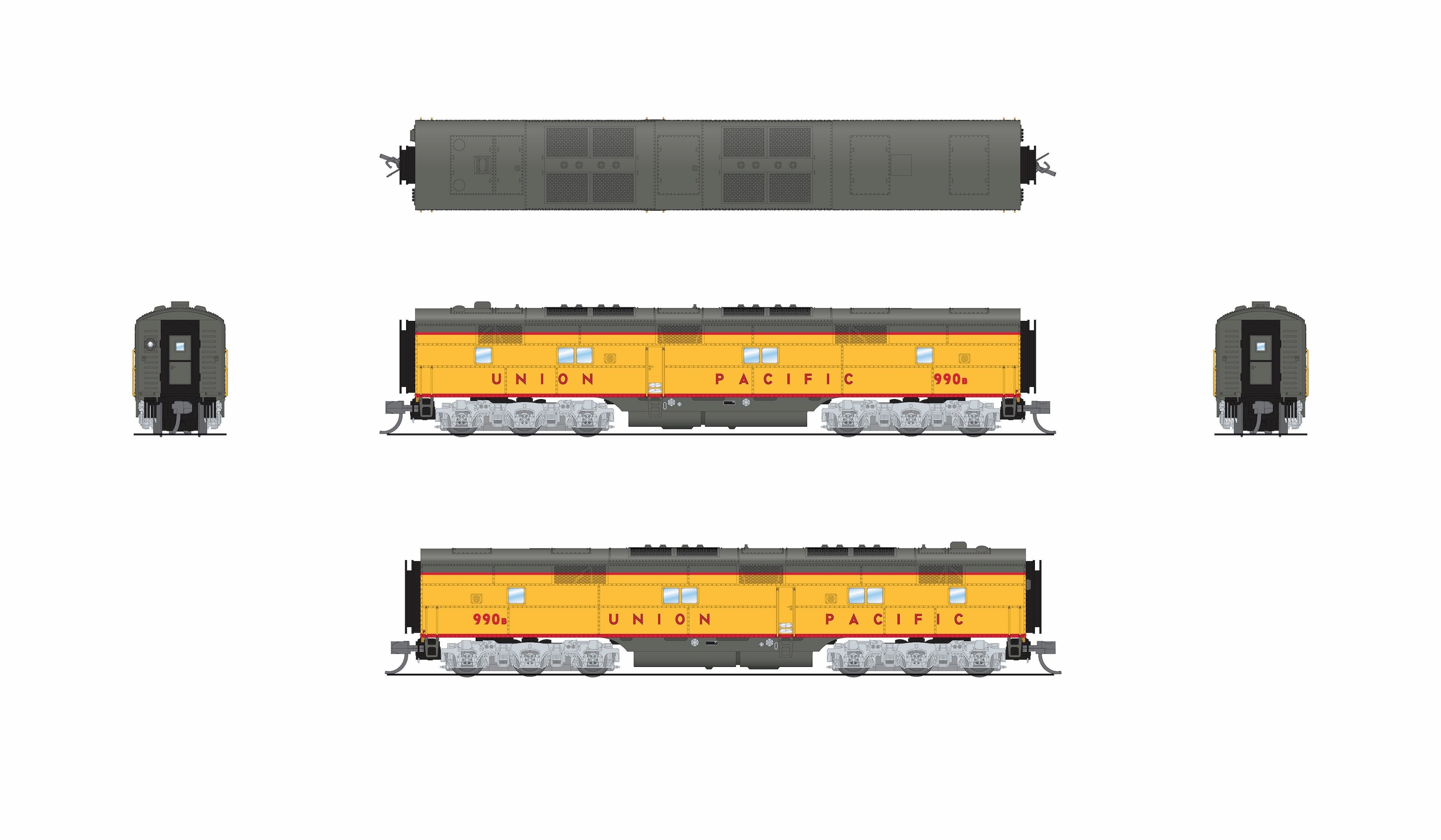10239 EMD E7 A/B Set, UP 990 / 990B, Yellow & Gray, 1960's Appearance, A-unit No-Sound / DCC-Ready, Unpowered B, N