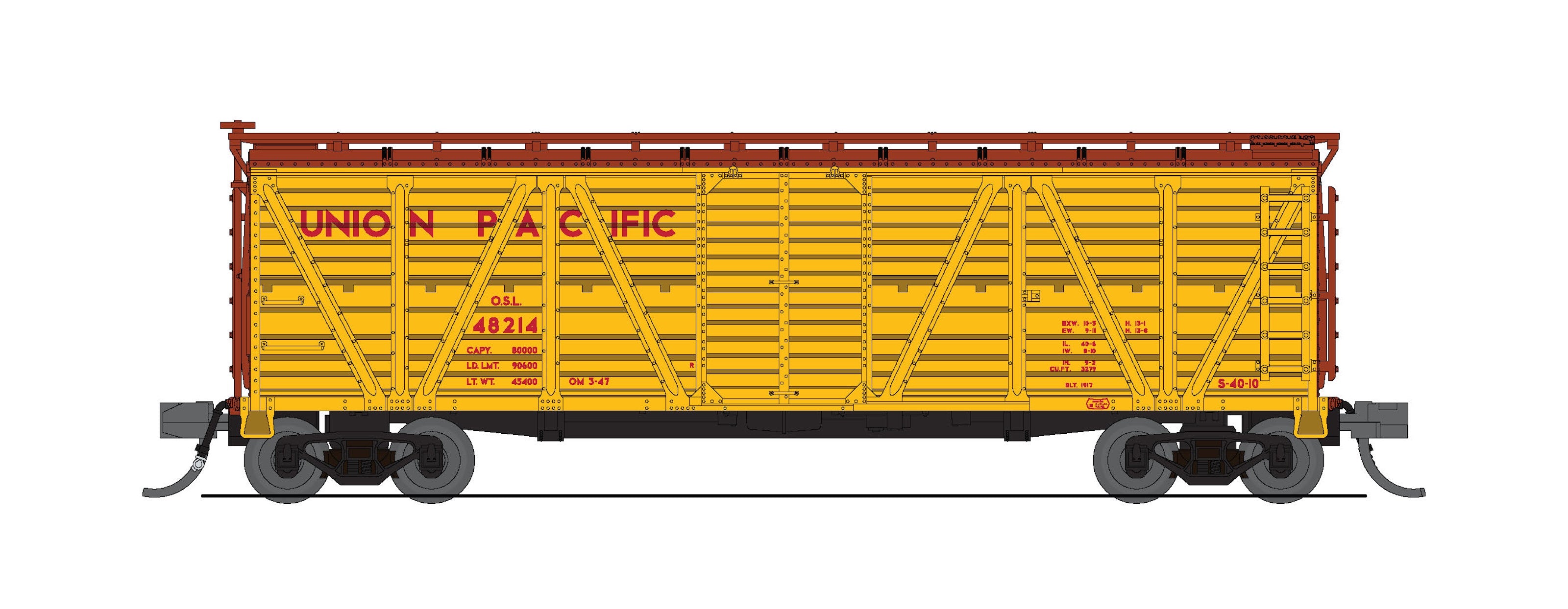 10472 40' Wood Stock Car, UP 48214, Yellow w/ Brown, Cattle Sounds, N