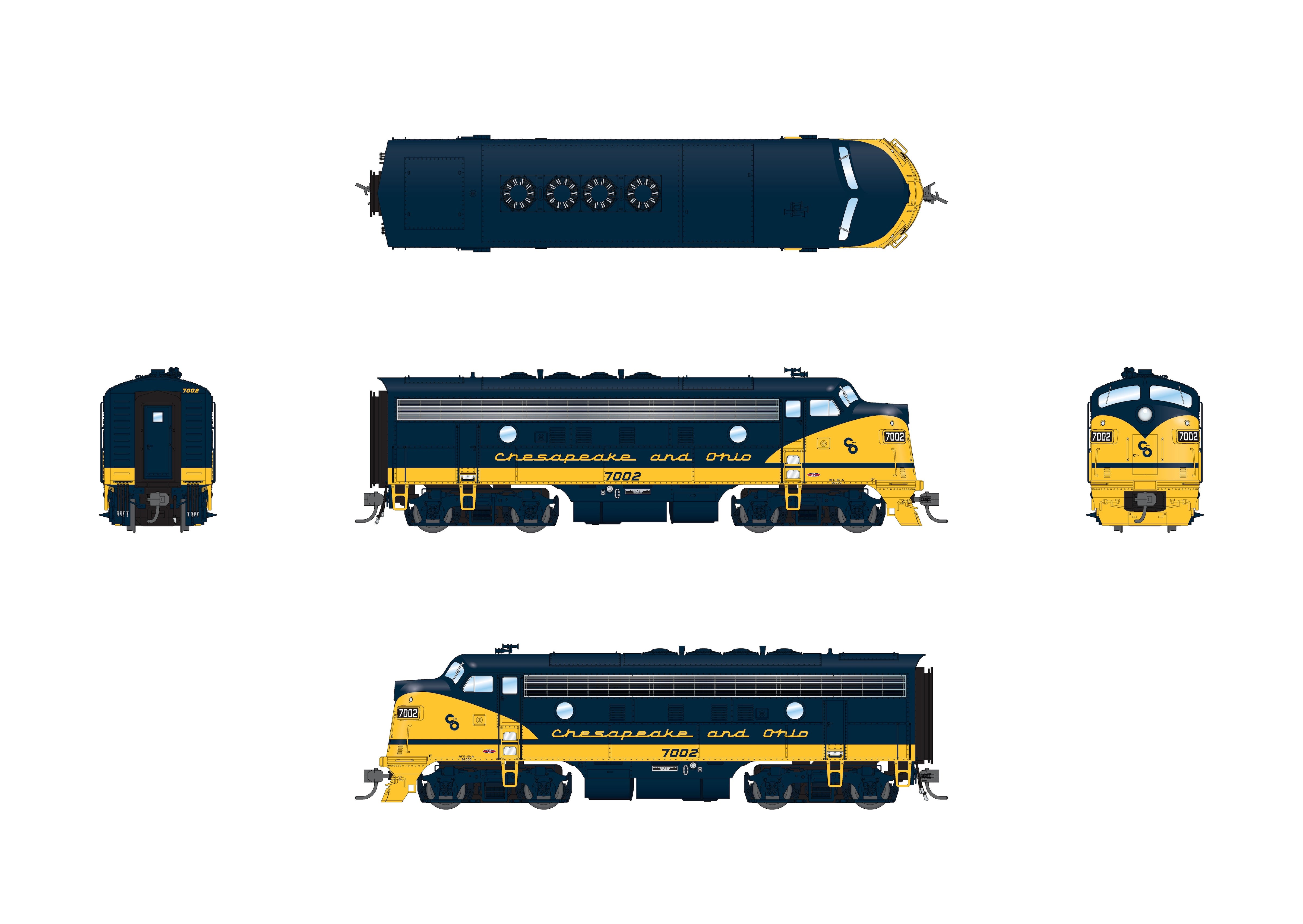 10550 EMD F7 A/B, C&O 7002/7501, Blue w/ Yellow Nose, A-unit Paragon4 Sound/DC/DCC, Unpowered B, HO