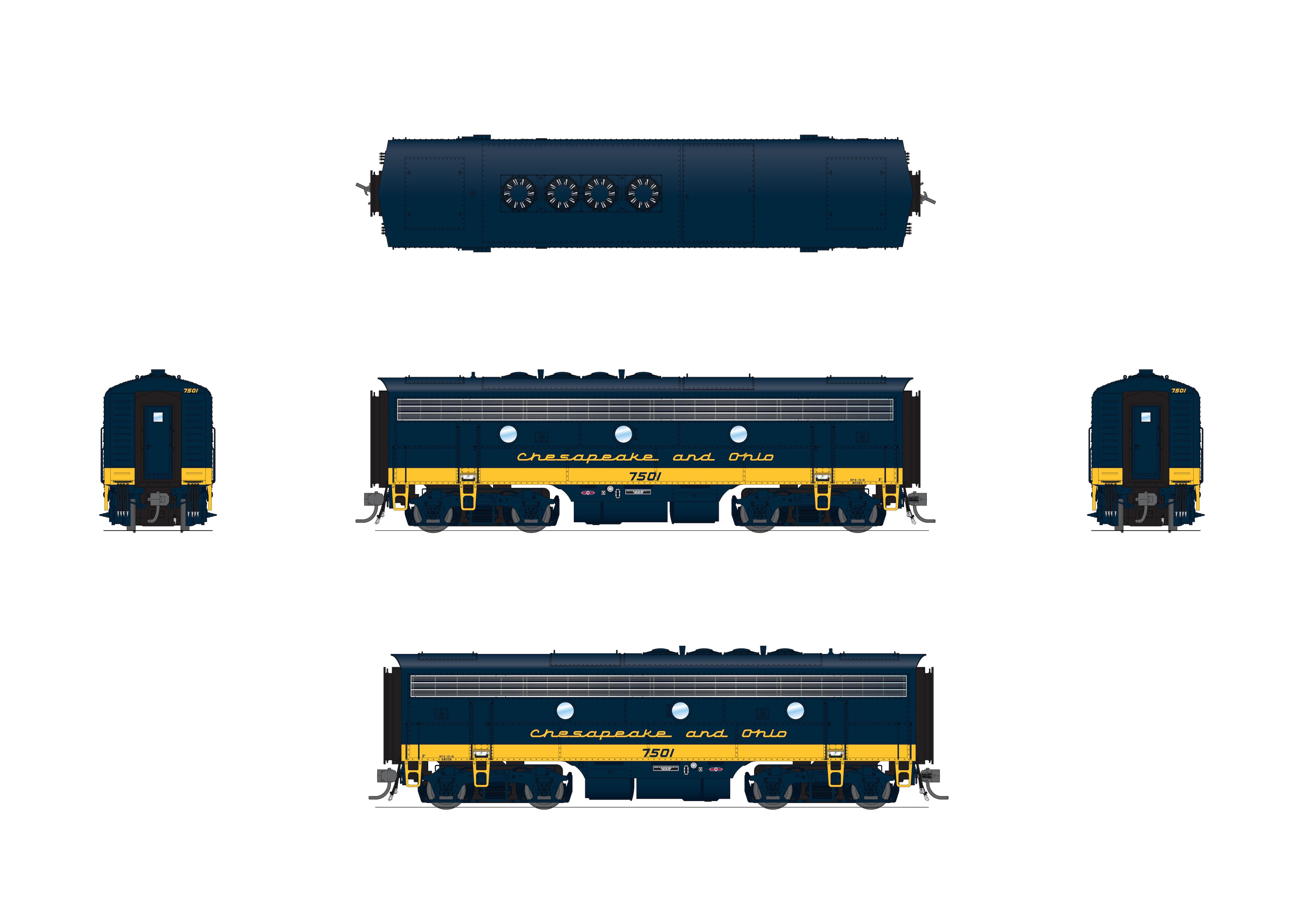 10551 EMD F7 A/B, C&O 7002/7501, Blue w/ Yellow Nose, A-unit No-Sound / DCC-Ready, Unpowered B, HO