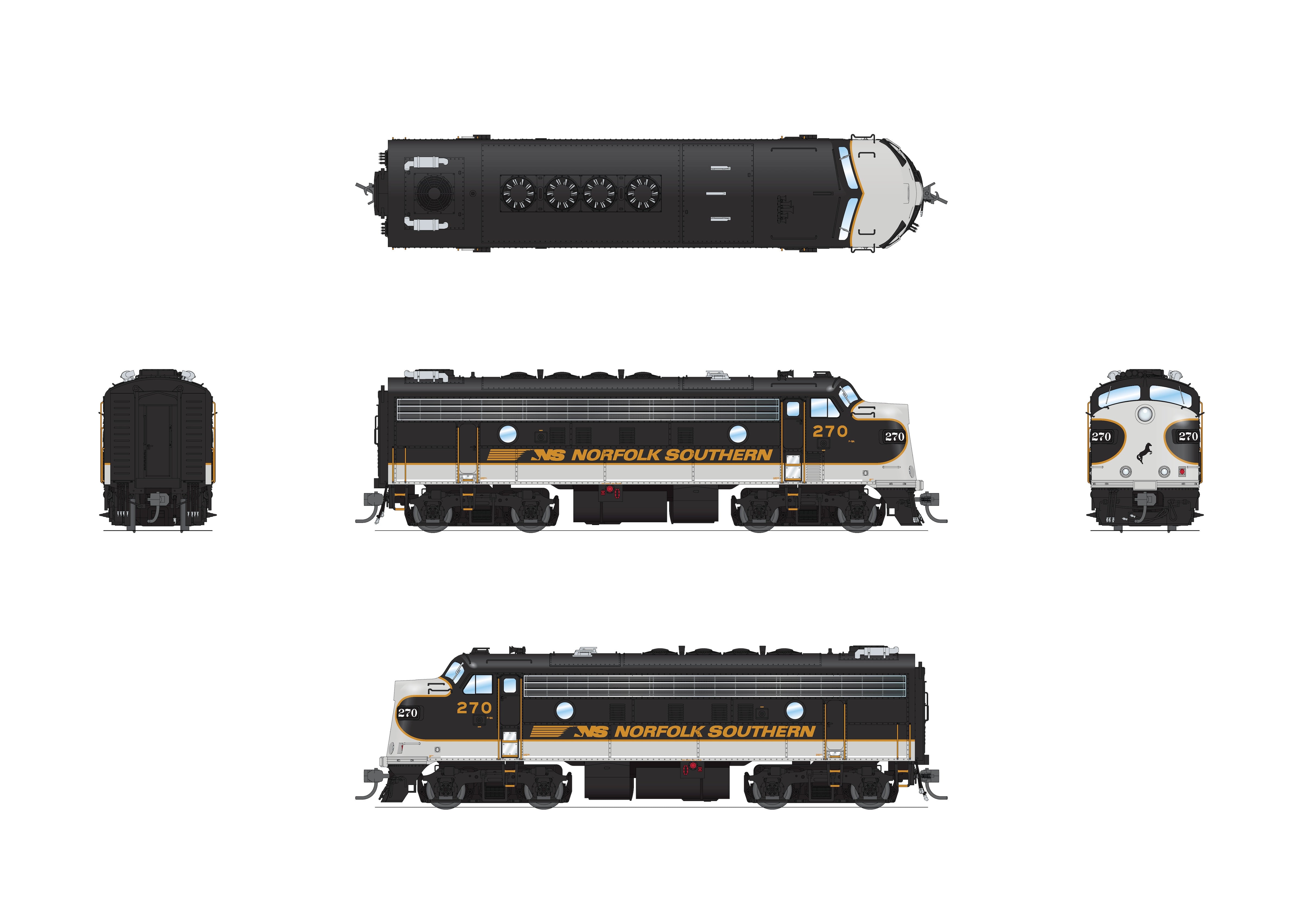 10555 EMD F9/F7 A/B, Norfolk Southern 270/275, Tuxedo Scheme, A-unit No-Sound / DCC-Ready, Unpowered B, HO