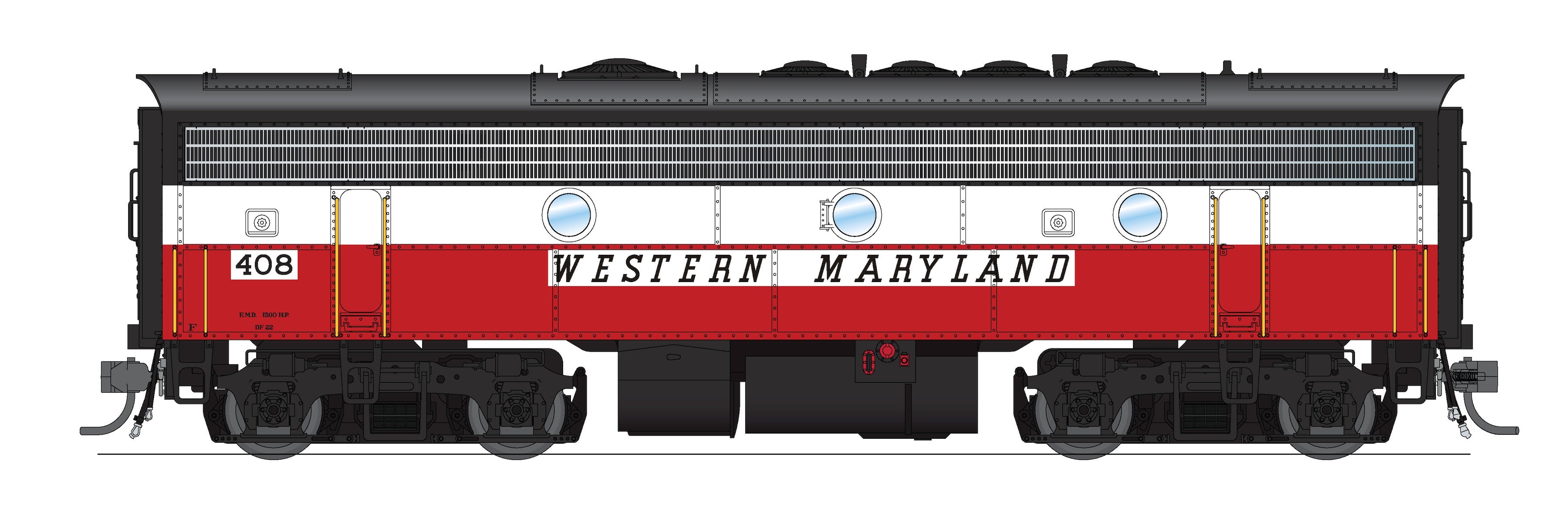 10564 EMD F7A/B, Western Maryland 53/408, Circus Paint Scheme, A-unit Paragon4 Sound/DC/DCC, Unpowered B, HO