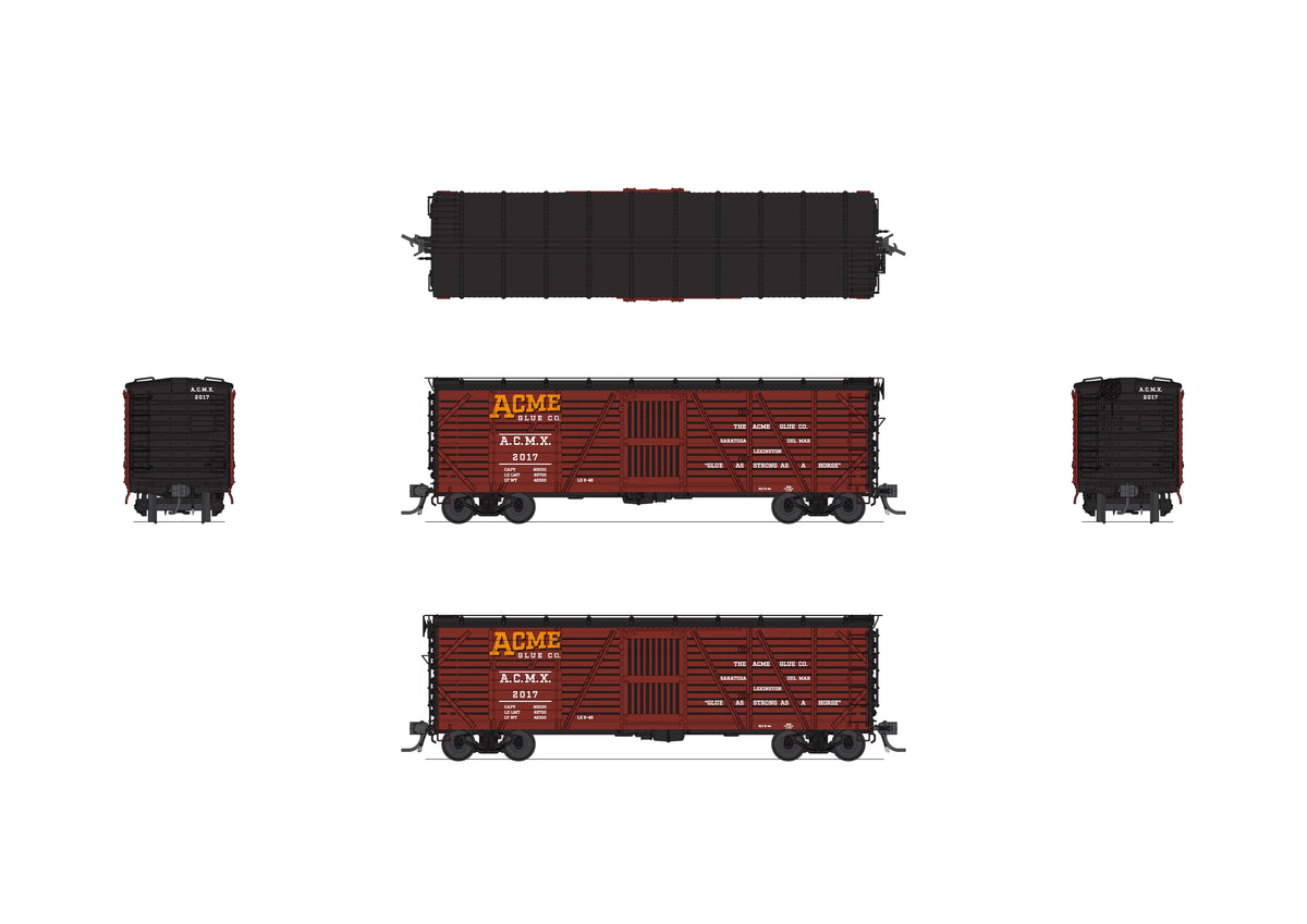 10728 40' Wood Stock Car, Acme Glue Factory 4-Pack, No-Sound, HO Scale (Road Nos. 2032, 2049, 2076, 2093)