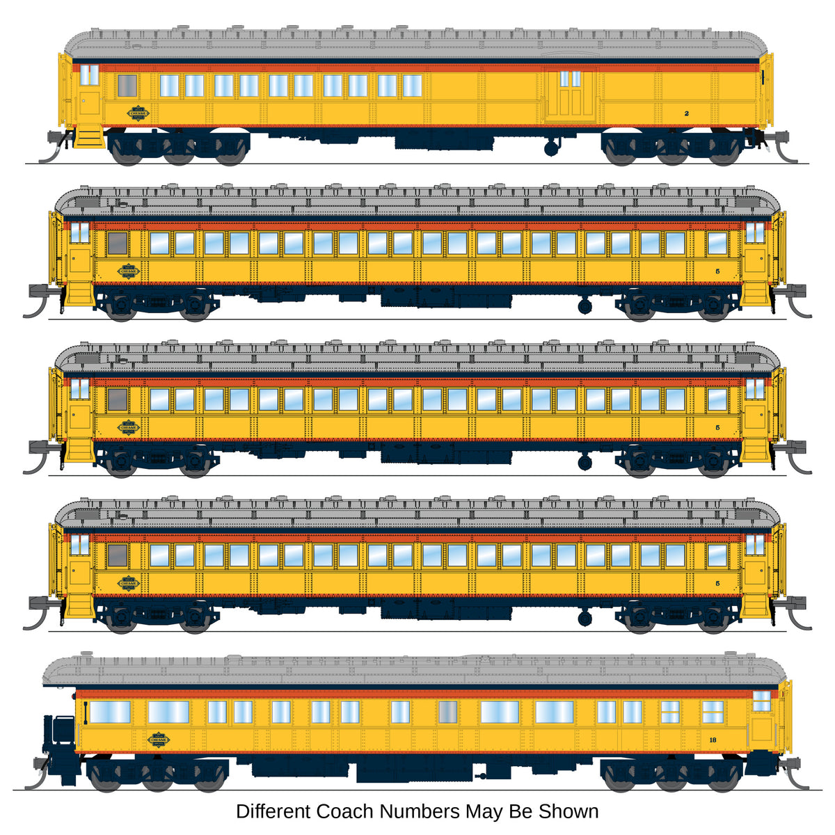 10761 CSS Heavyweight 5-Car Passenger Set, Chessie Steam Special, HO Scale (2, 5, 6, 7, 18), N Scale