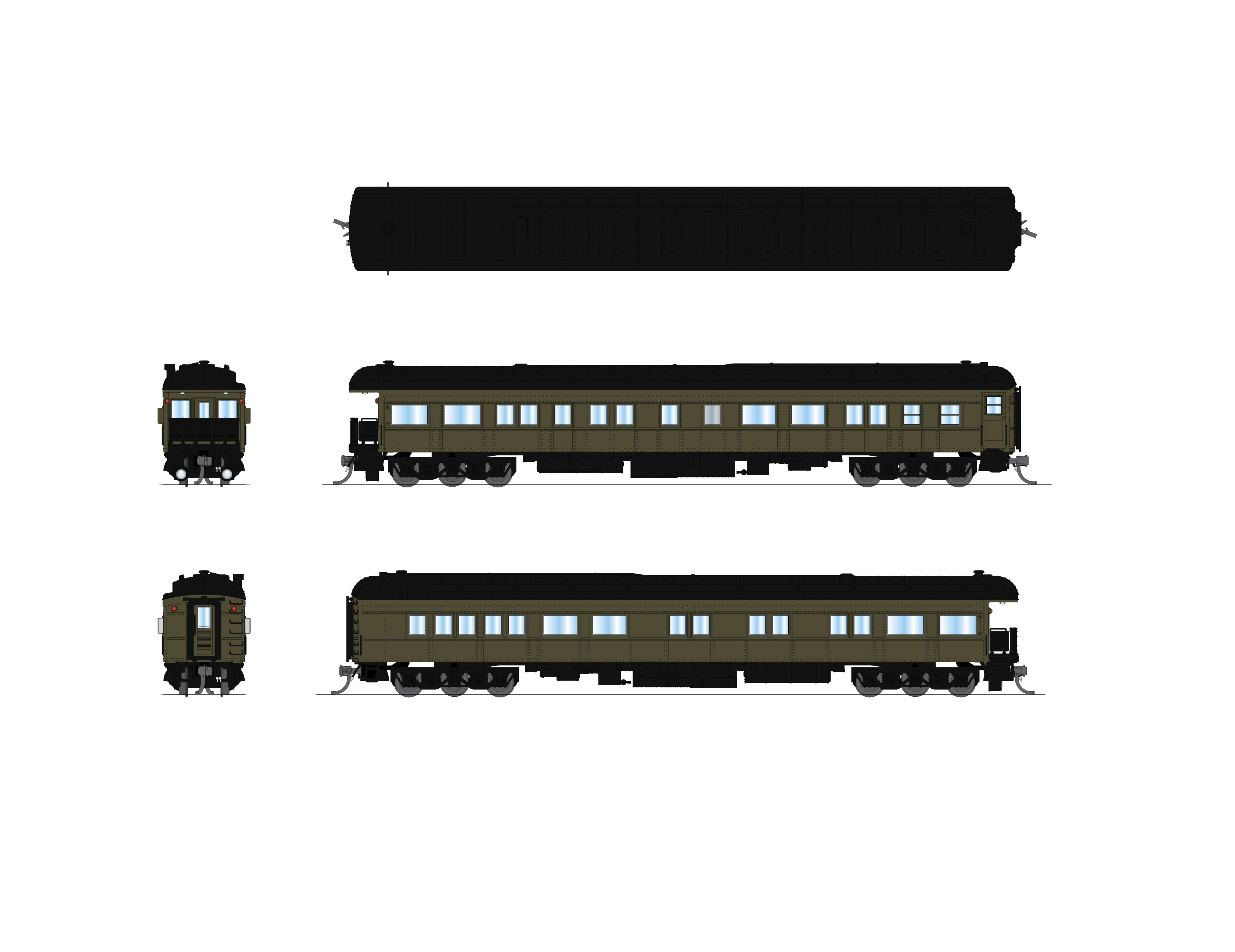 10781 Unlettered Business Car, Pullman Green w/ Clerestory Roof, N Scale