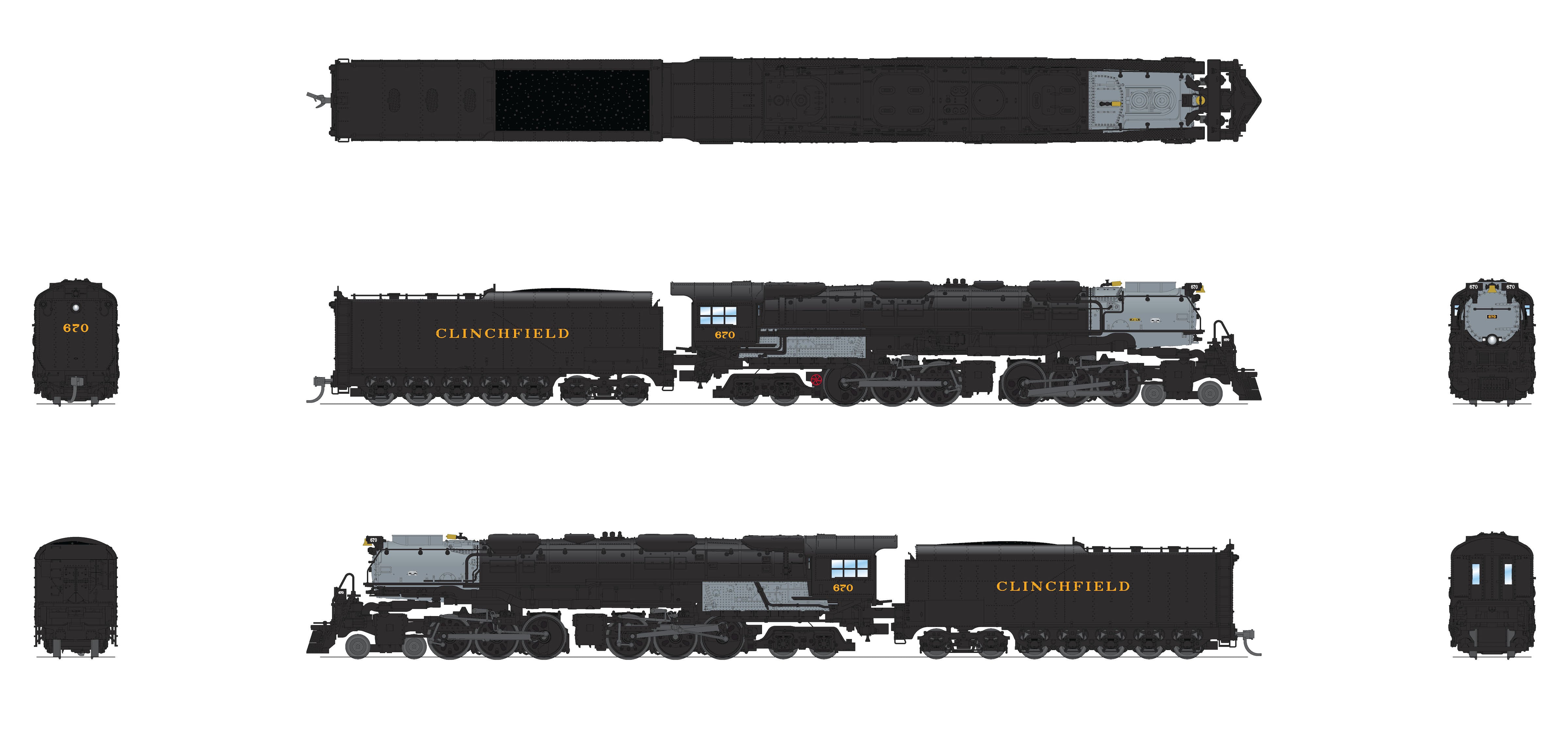 REFURBISHED R8659 Clinchfield Challenger 4-6-6-4, #670, Black & Graphite, Coal Tender, No-Sound / DCC-Ready, N