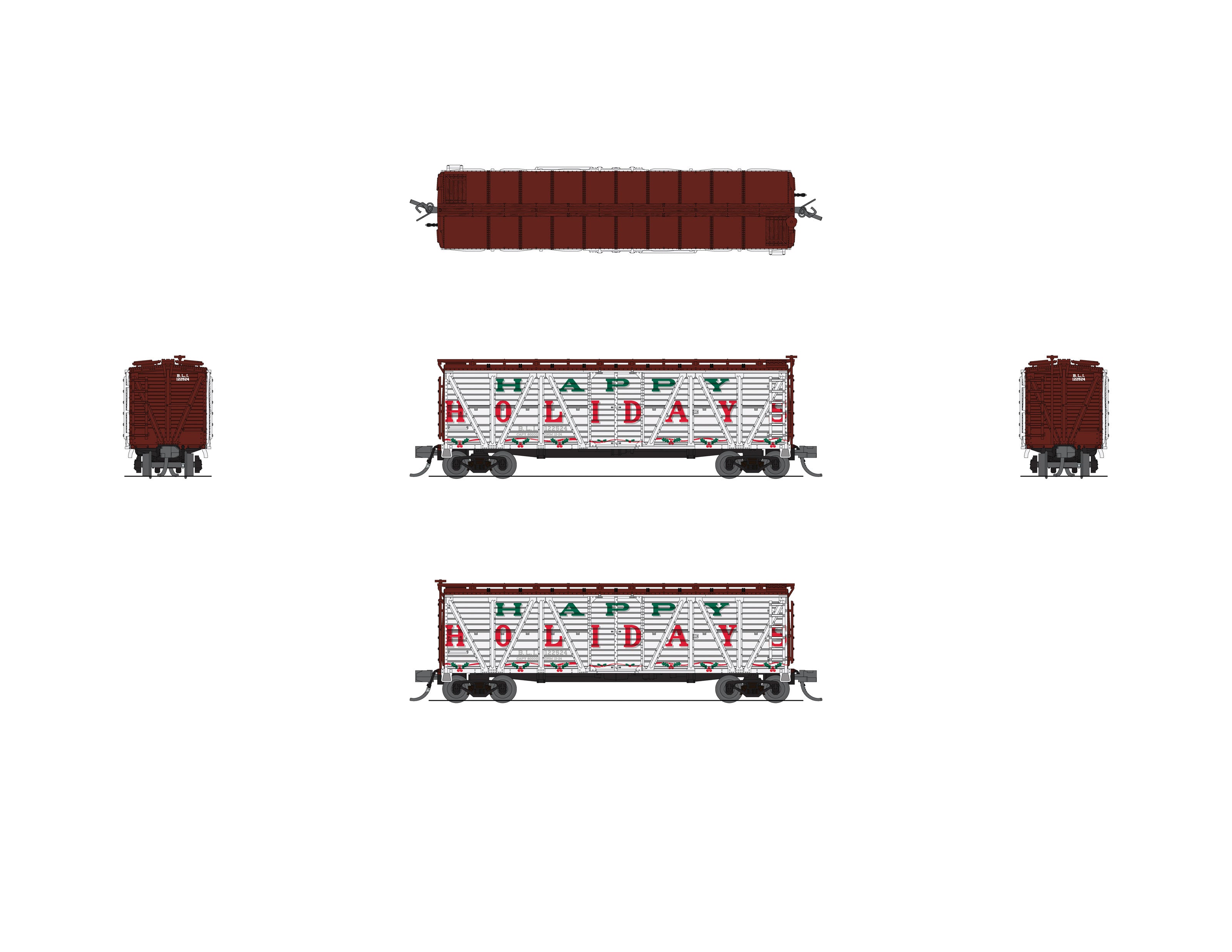 8475 40' Wood Stock Car, Holiday Season Theme, "Happy Holidays", Holiday Sounds, N Scale