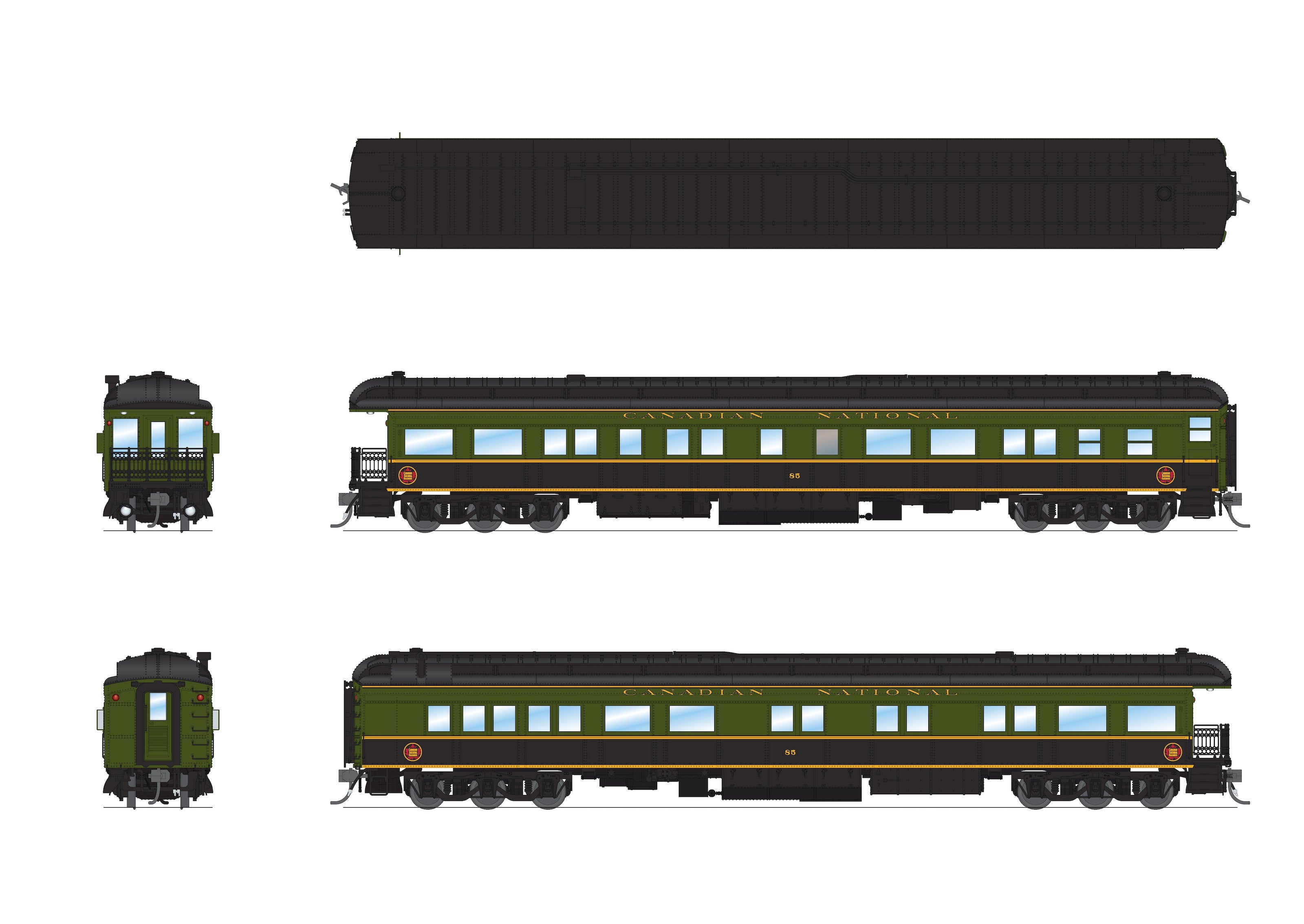 9101 CN Heavyweight 5-Car Passenger Set, Green/Black/Yellow Scheme, (#7167, #5139, #5142, #5166, #85), HO Scale