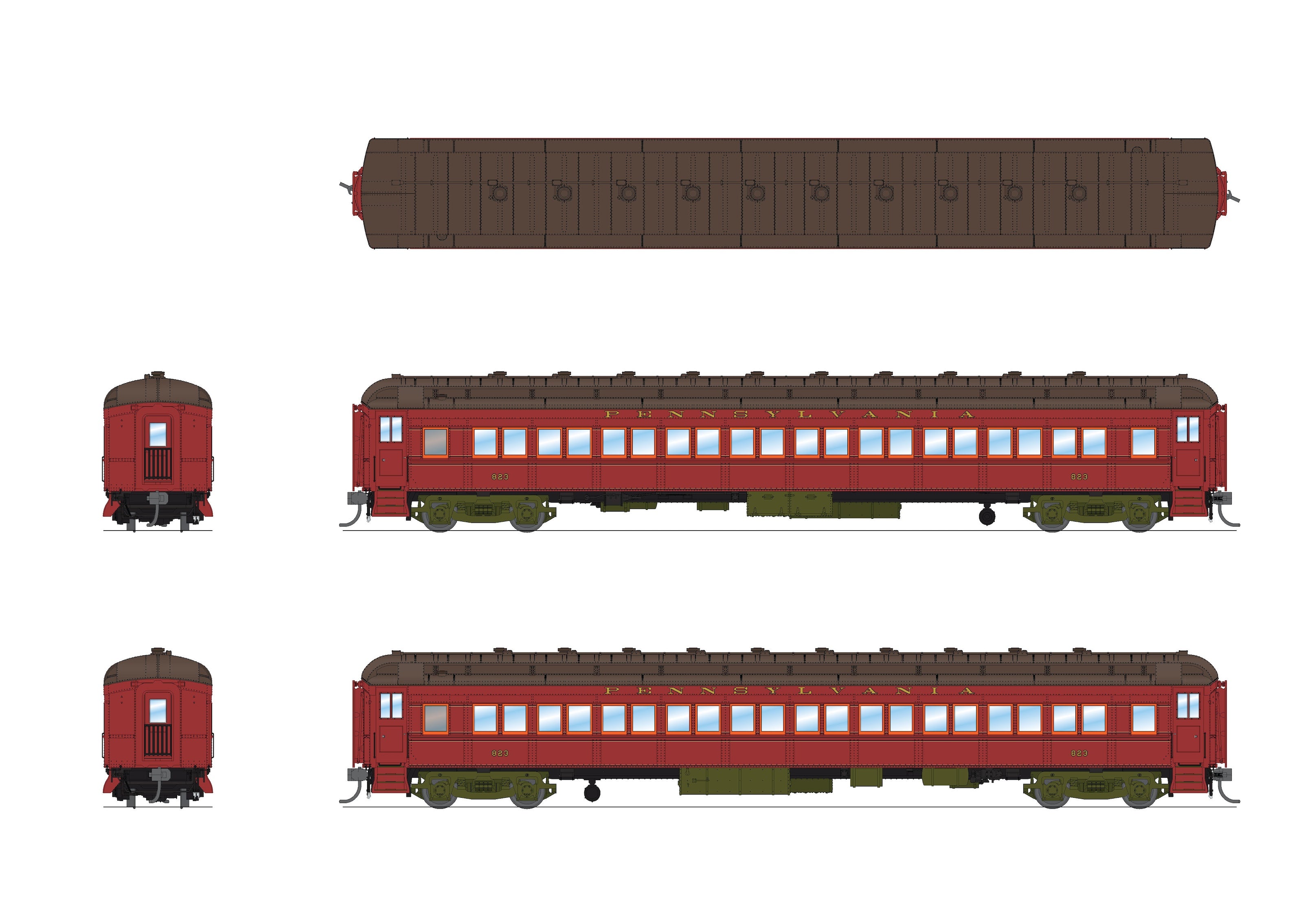 8964 PRR Heavyweight 5-Car Passenger Set, 1930's Era, HO (PB70 #5034, P70 #823, P70 #989, P70 #1042, Z74d #120 "Pennsylvania")