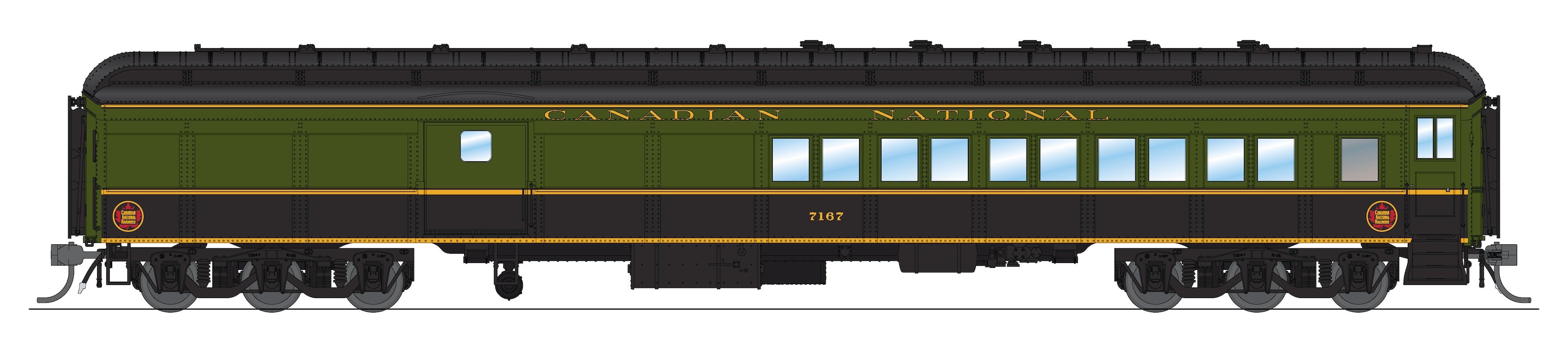 9116 CN Coach-Baggage Combine, #7167, Green/Black/Yellow, HO Scale