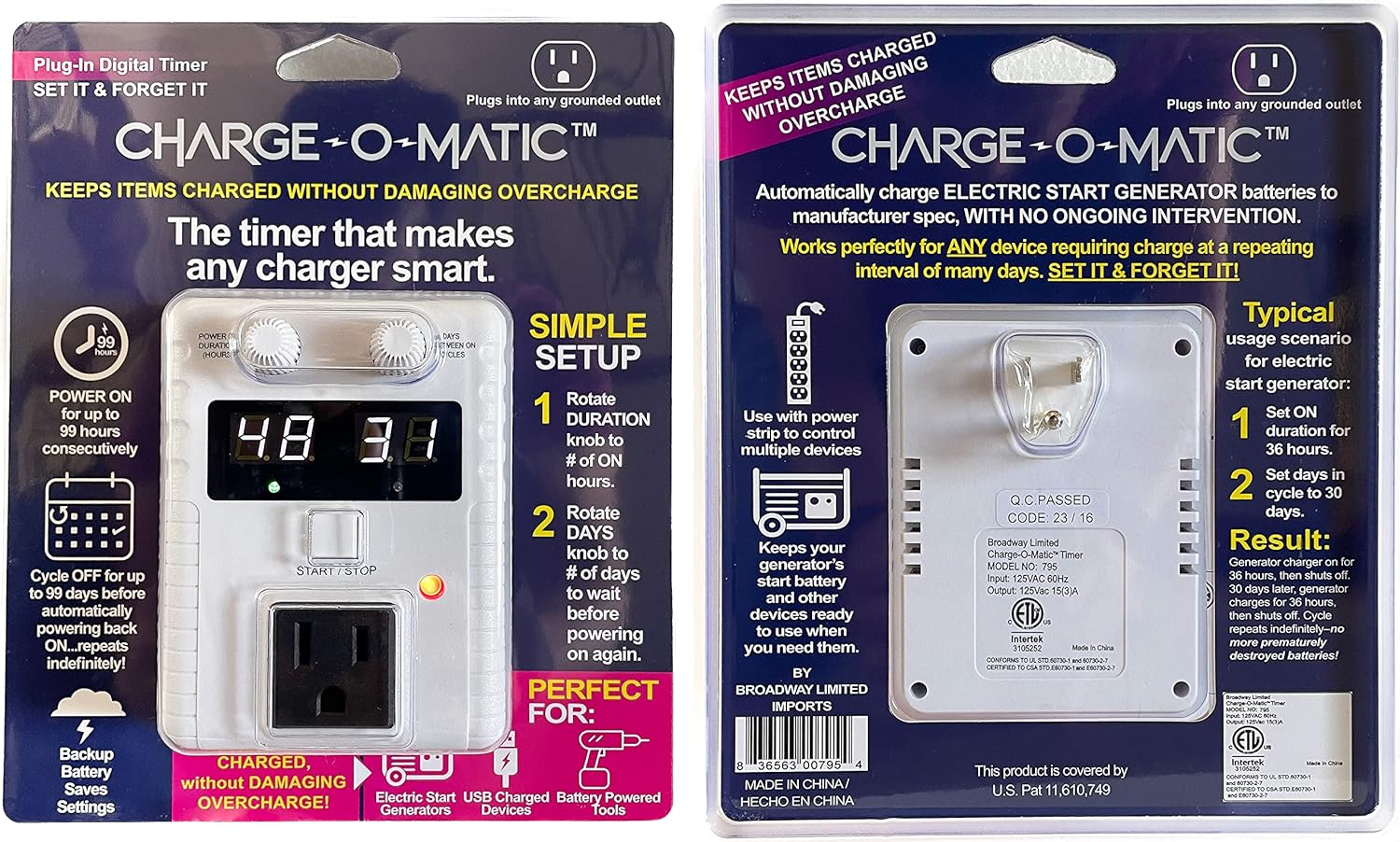 Charge-O-Matic - The Timer That Makes Any Charger Smart. Power on for up to 99 Hours, Cycle Off for up to 99 Days, Repeats indefinitely! 30 Day Timer. 60 Day Timer. 90 Day Timer. ETL Certified.