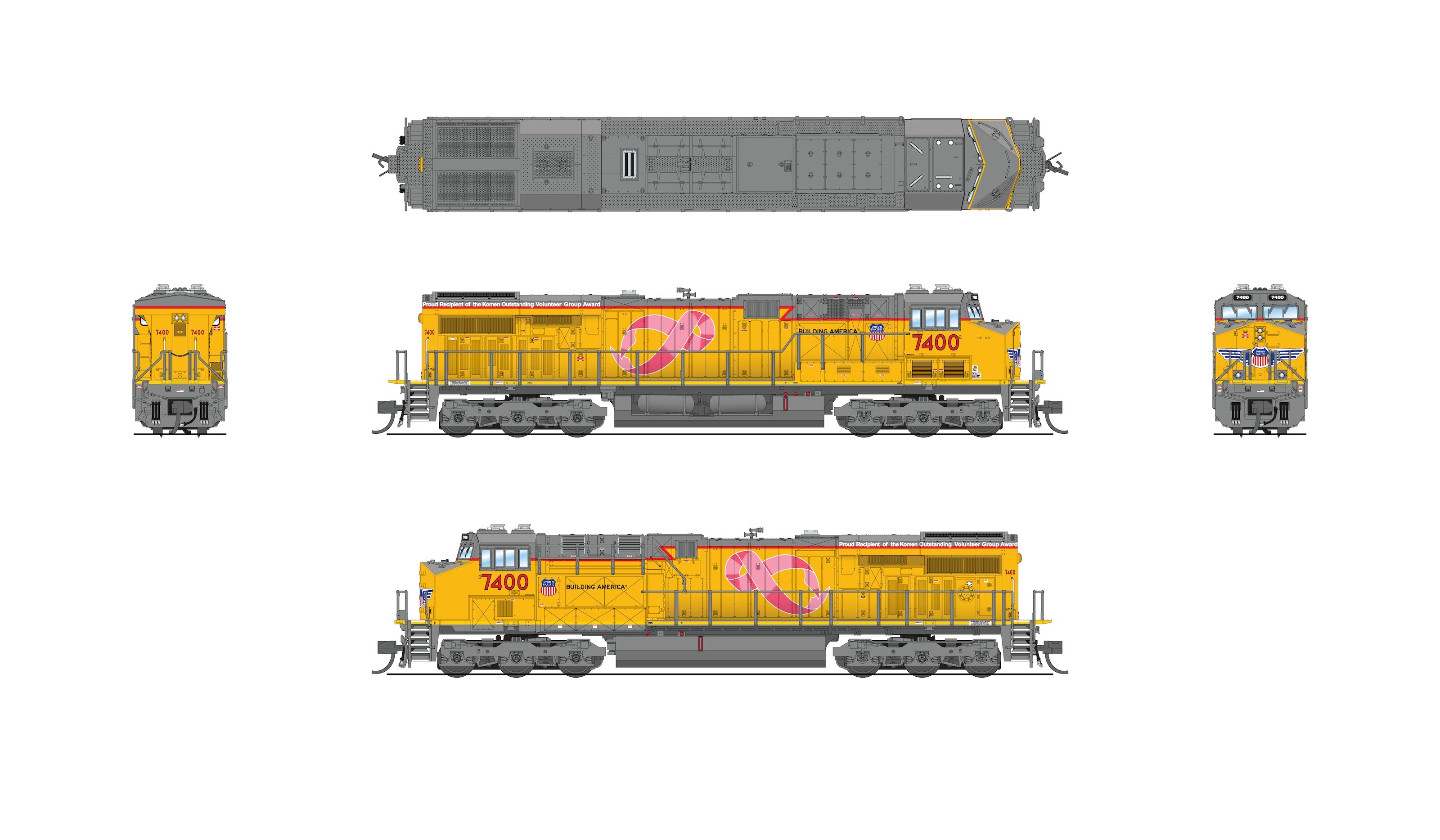 9459 GE ES44AC, UP 7400, Pink Ribbon Scheme, No-Sound / DCC-Ready, N CLUB PRICE $99.99