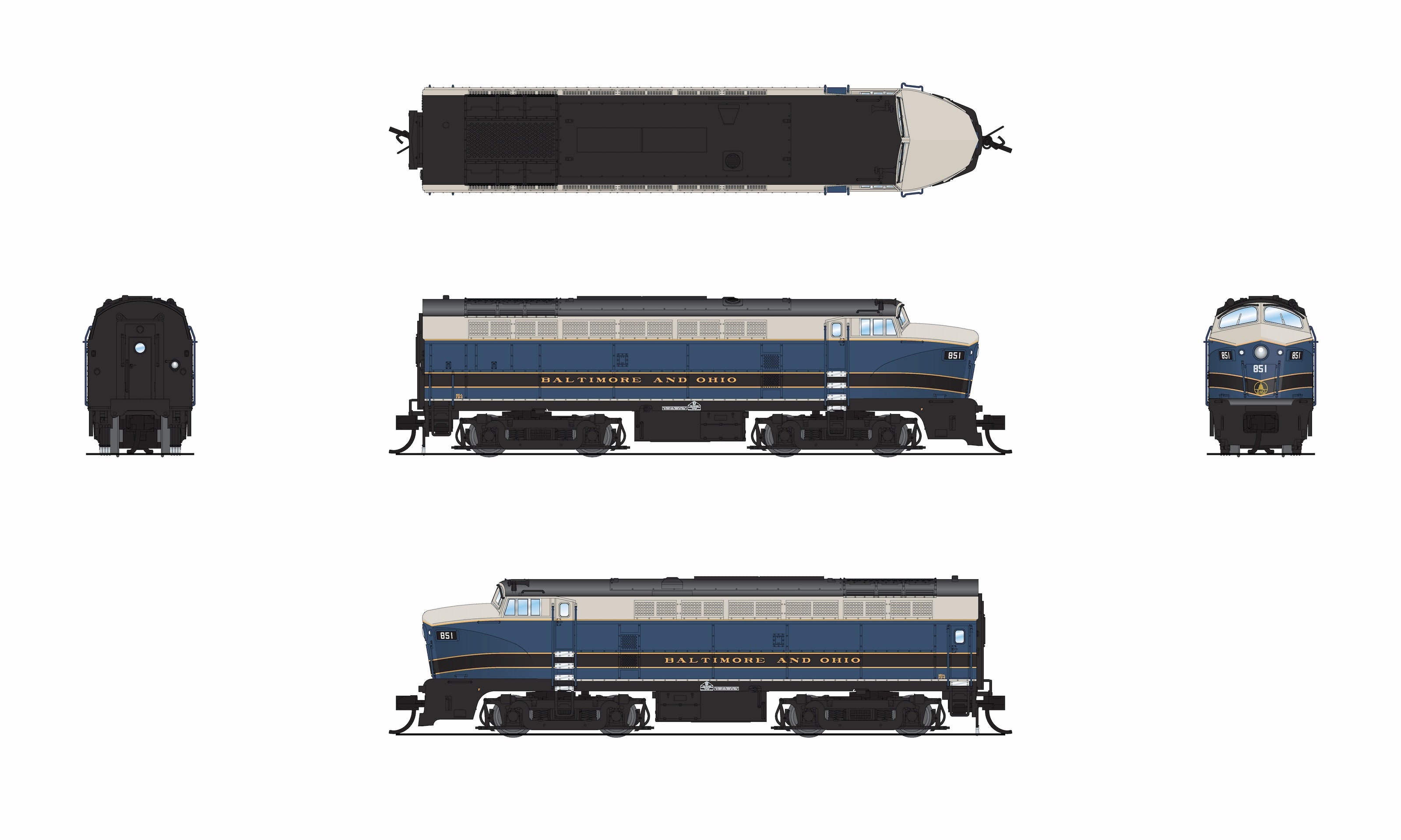 9627 B&O Sharknose, RF-16 A/B set, 851A/851X, As-Delivered, A-unit Paragon4 Sound/DC/DCC, Unpowered B, N