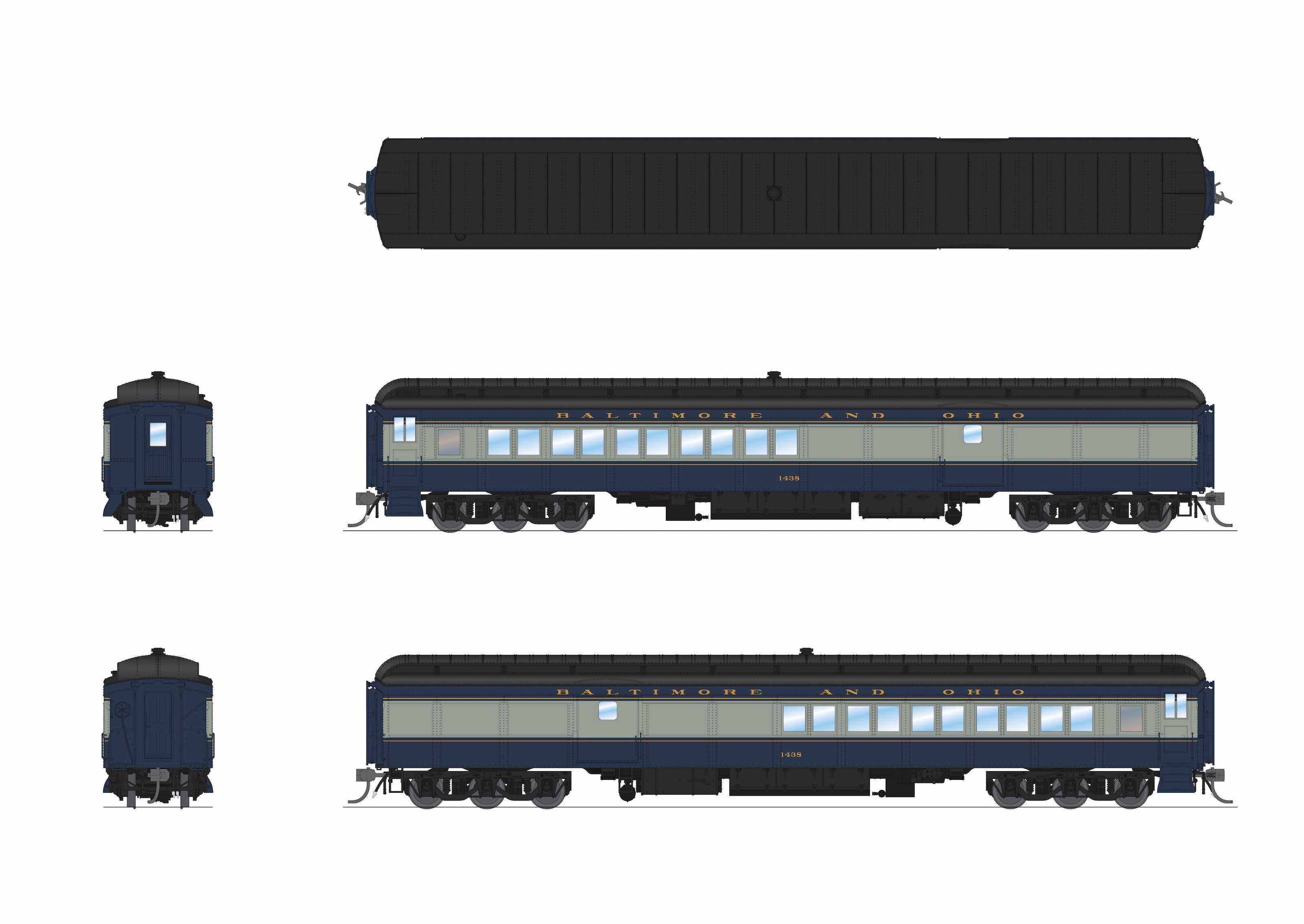 9713 B&O Heavyweight 5-Car Passenger Set, Blue & Gray Scheme, HO Scale (1438, 5270, 5284, 5307, 100)