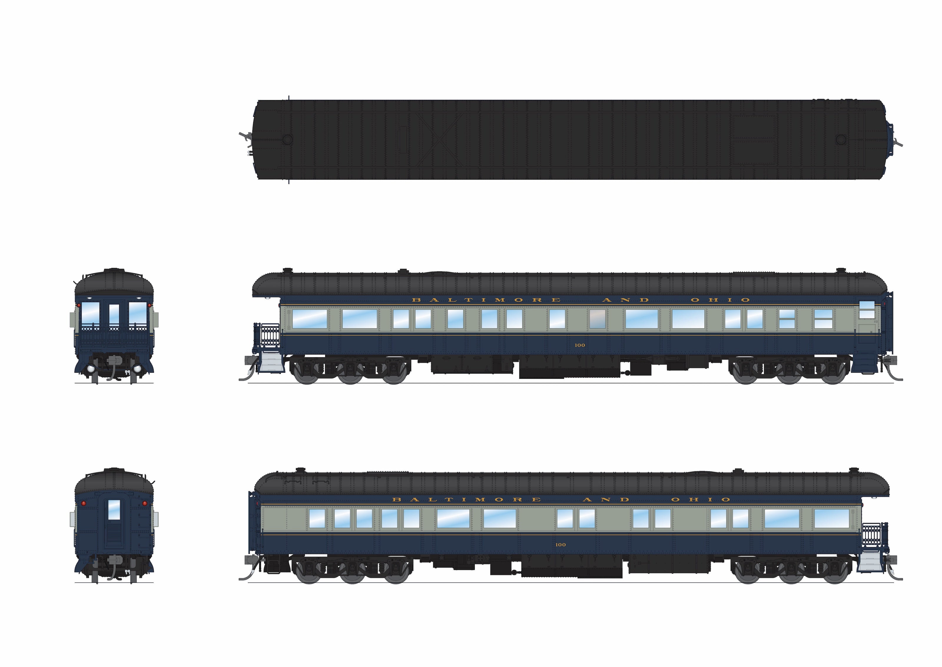 9713 B&O Heavyweight 5-Car Passenger Set, Blue & Gray Scheme, HO Scale (1438, 5270, 5284, 5307, 100)