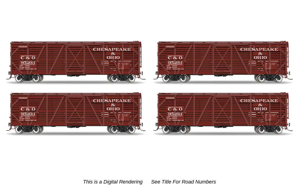 10721 40' Wood Stock Car, C&O 4-Pack, No-Sound, HO Scale (Road Nos. 95227, 95235, 95238, 95241)