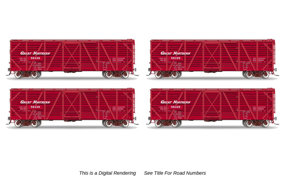 10722 40' Wood Stock Car, Great Northern 4-Pack, No-Sound, HO Scale (Road Nos. 56358, 56373, 56438, 56453)