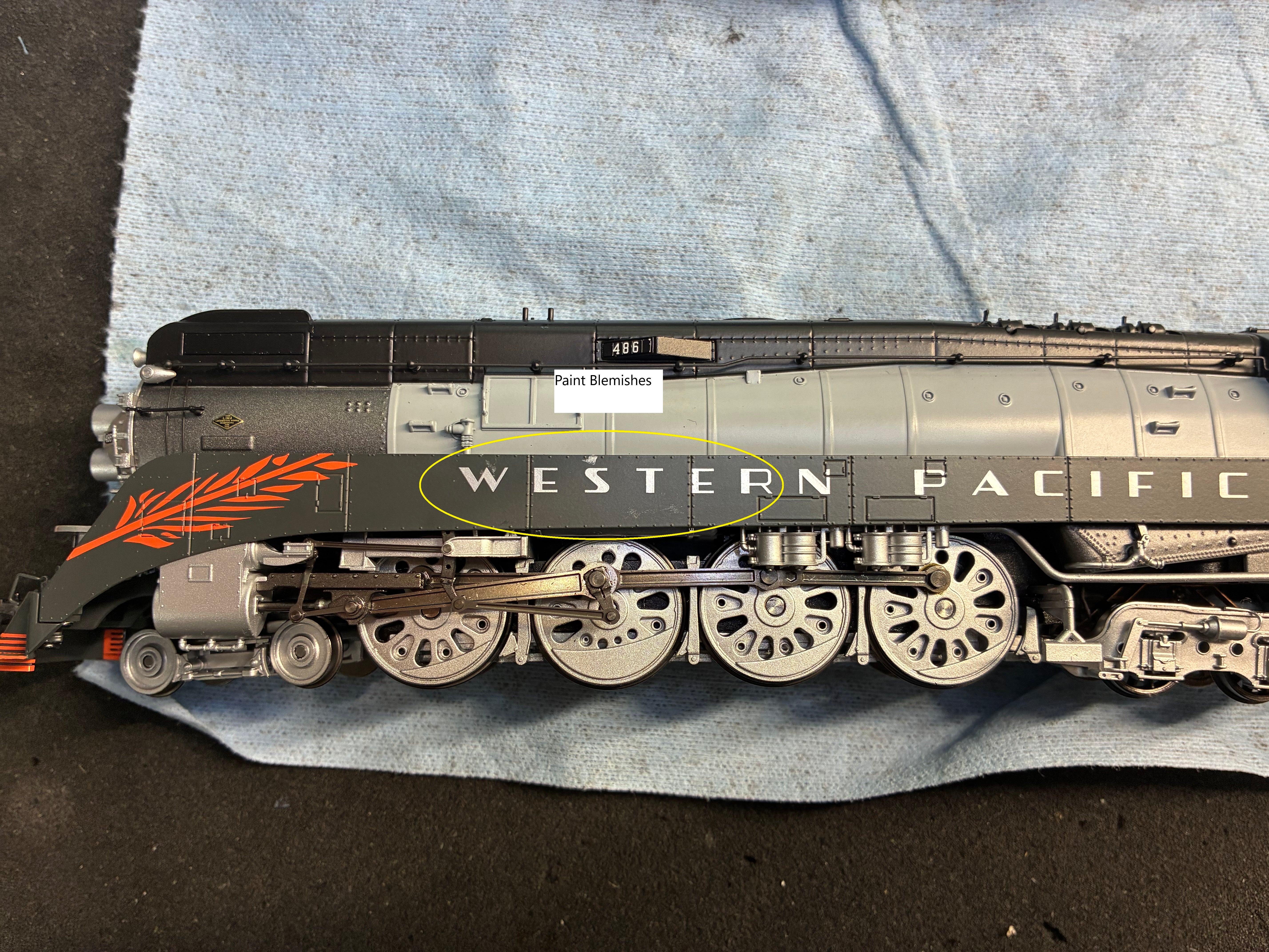 **BLEMISHED (sold as-is, see photos) REFURBISHED BR9848 Western Pacific GS-4, #486, Green/Gray/Orange Heritage Fantasy Paint, Paragon4 Sound/DC/DCC, Smoke, HO