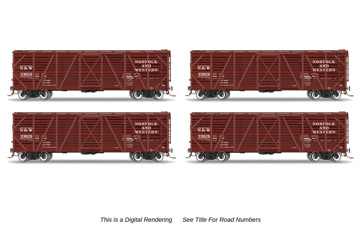 10724 40' Wood Stock Car, N&W 4-Pack, No-Sound, HO Scale (Road Nos. 33089, 33156, 33242, 33283)