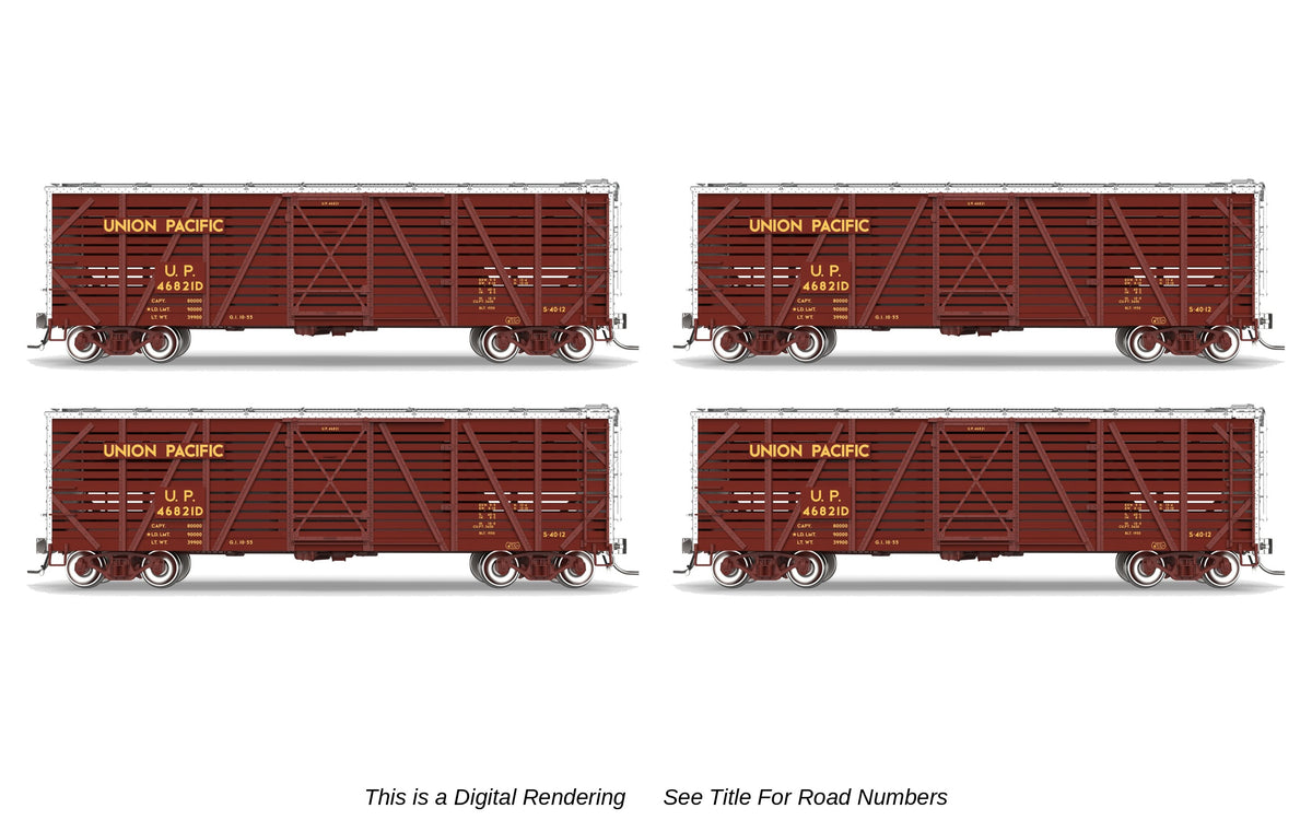 10727 40' Wood Stock Car, Union Pacific 4-Pack, No-Sound, HO Scale (Road Nos. 46863D, 46901D, 46945D, 46982D)
