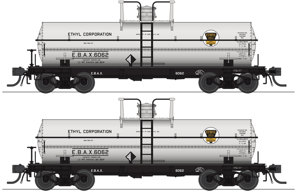 6462 6000 Gallon Tank, Ethyl Corporation, Gray w/ Black & Yellow Logo, 2-pack, HO (EBAX #6062, EBAX #6073)