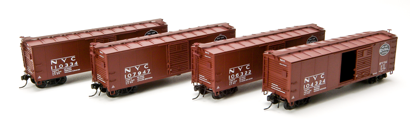 1752 NYC Steel Box Car, 4-pack: #121134, #121656, 122724, #123242, (with Dreadnaught ends, pre-1955 Roman lettering), HO